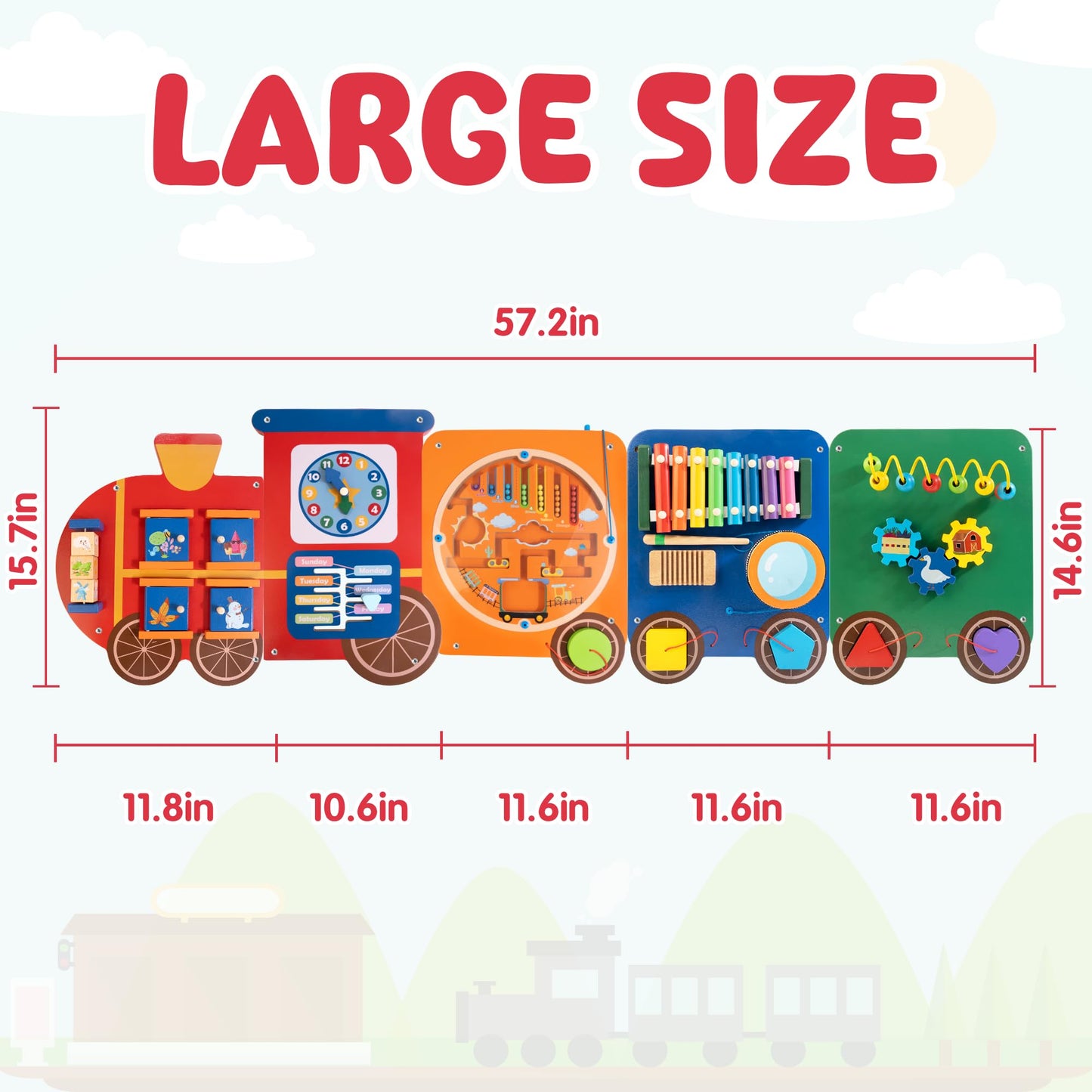 WOODMAM Train Activity Wall Panel — 11-in-1 Montessori Sensory Wall for Kids