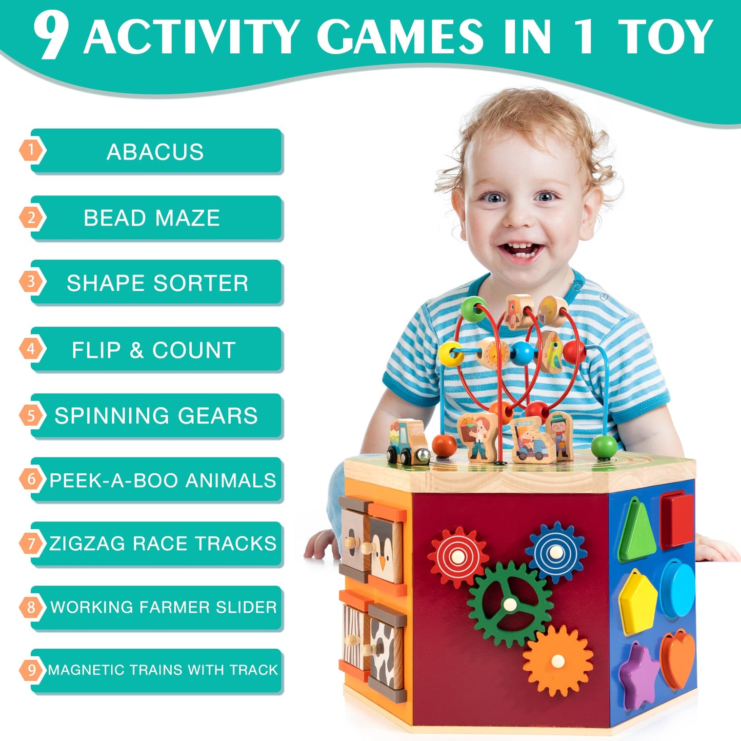 WOODMAM Large Activity Cube – 9-in-1 Farm-Themed Wooden Play Center for 1-2 Year Olds | Bonus Magnetic Train Cars