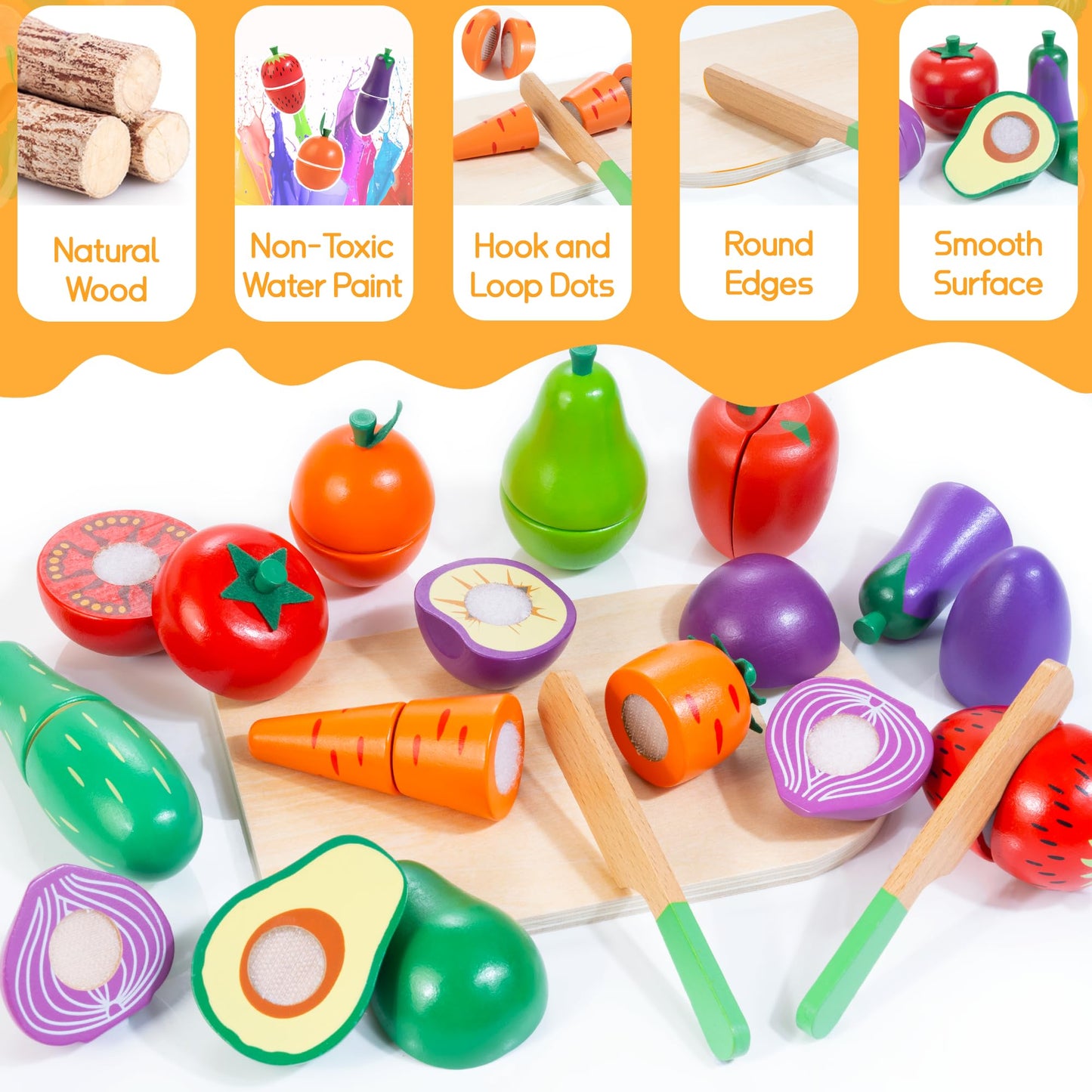 WOODMAM Wooden Play Food for Toddlers – Colorful Fruits & Veggies Cutting Set