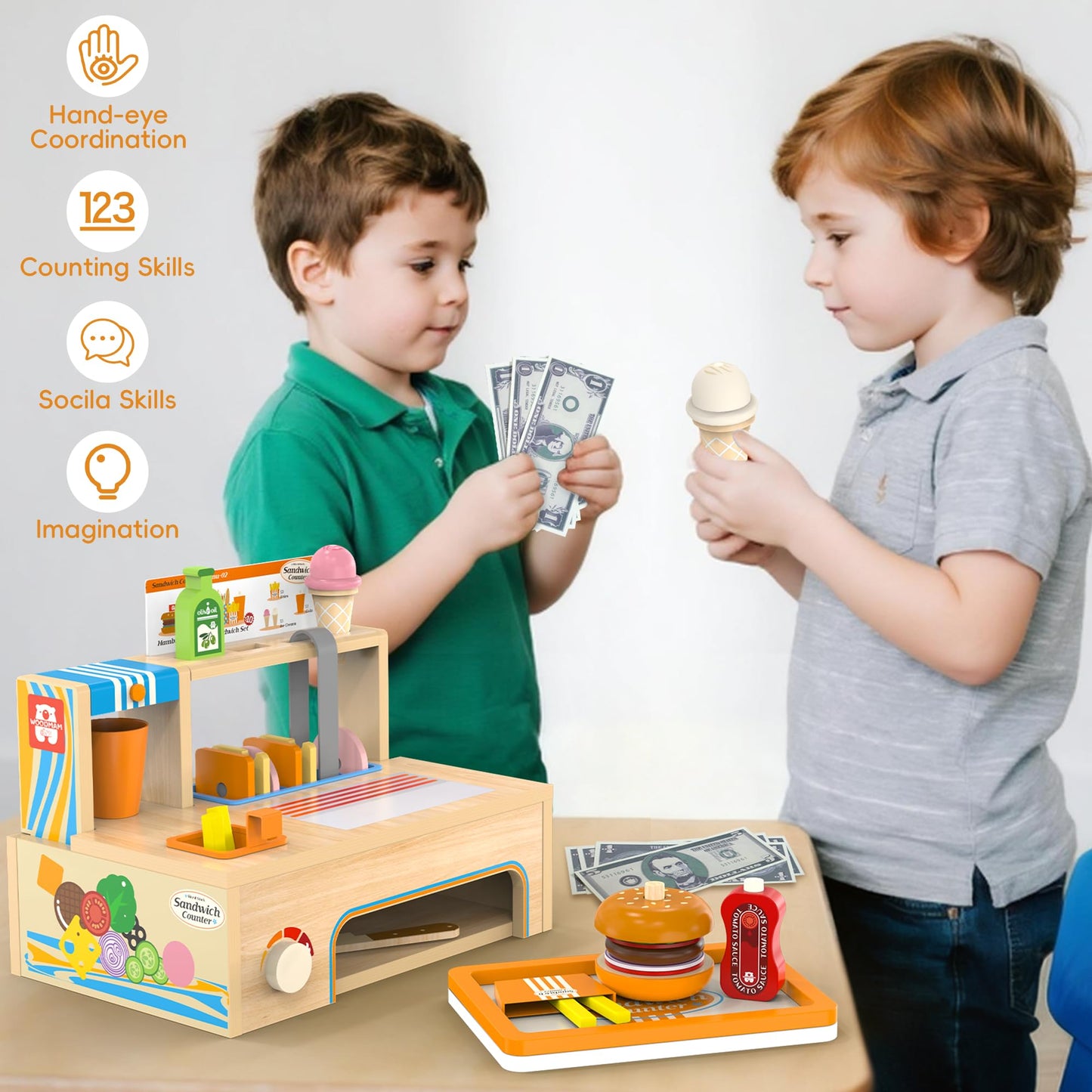 WOODMAM Foldable Wooden Play Food Sandwich Counter – 56-Piece Kitchen Set for Kids