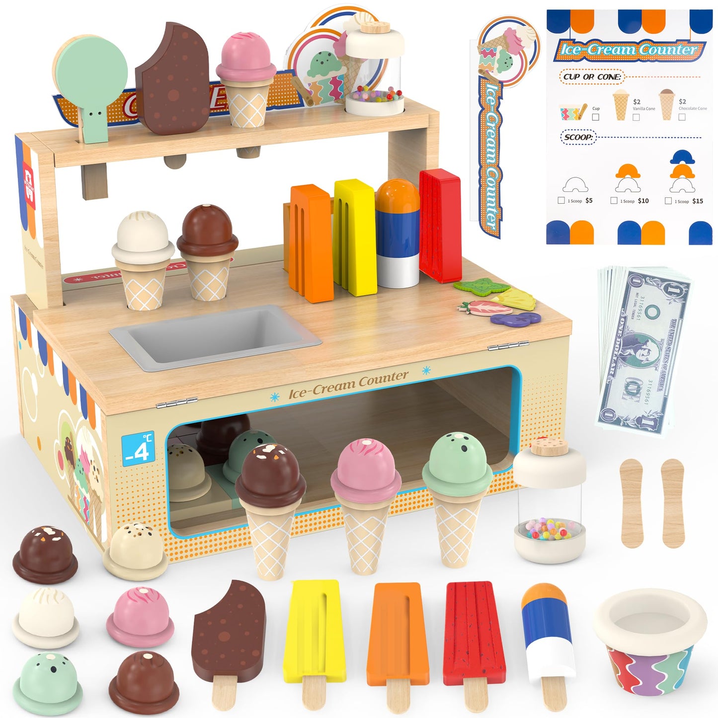 WOODMAM Foldable Wooden Ice Cream Counter – 52-Piece Pretend Play Set for Kids