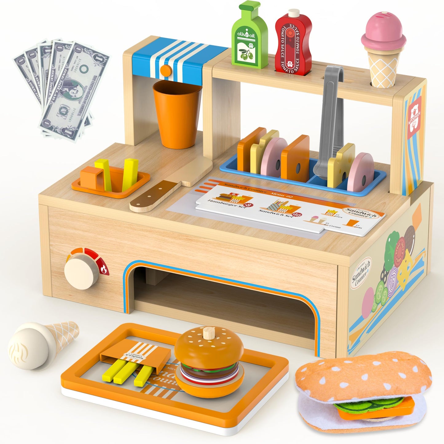 WOODMAM Foldable Wooden Play Food Sandwich Counter – 56-Piece Kitchen Set for Kids