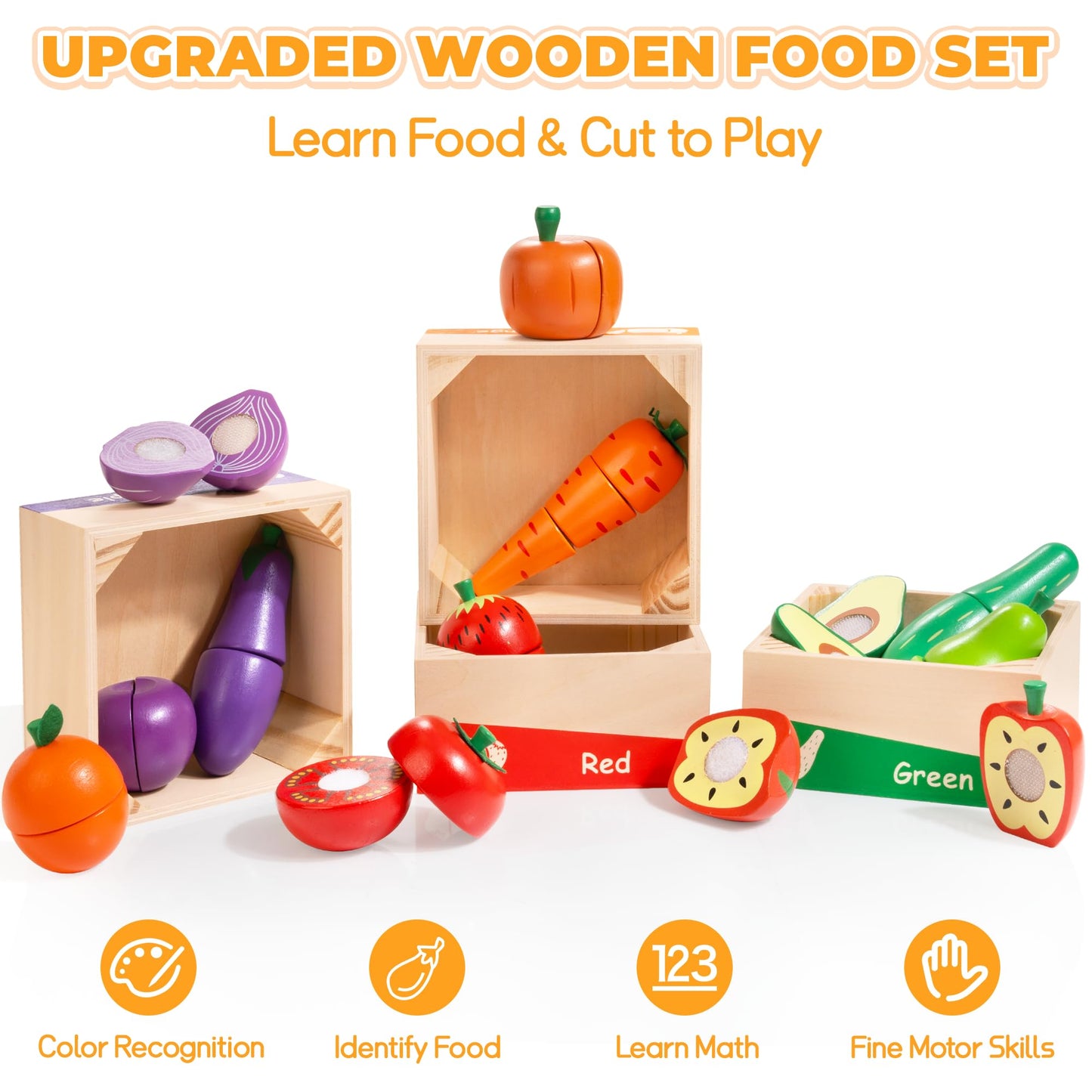 WOODMAM Wooden Play Food for Toddlers – Colorful Fruits & Veggies Cutting Set