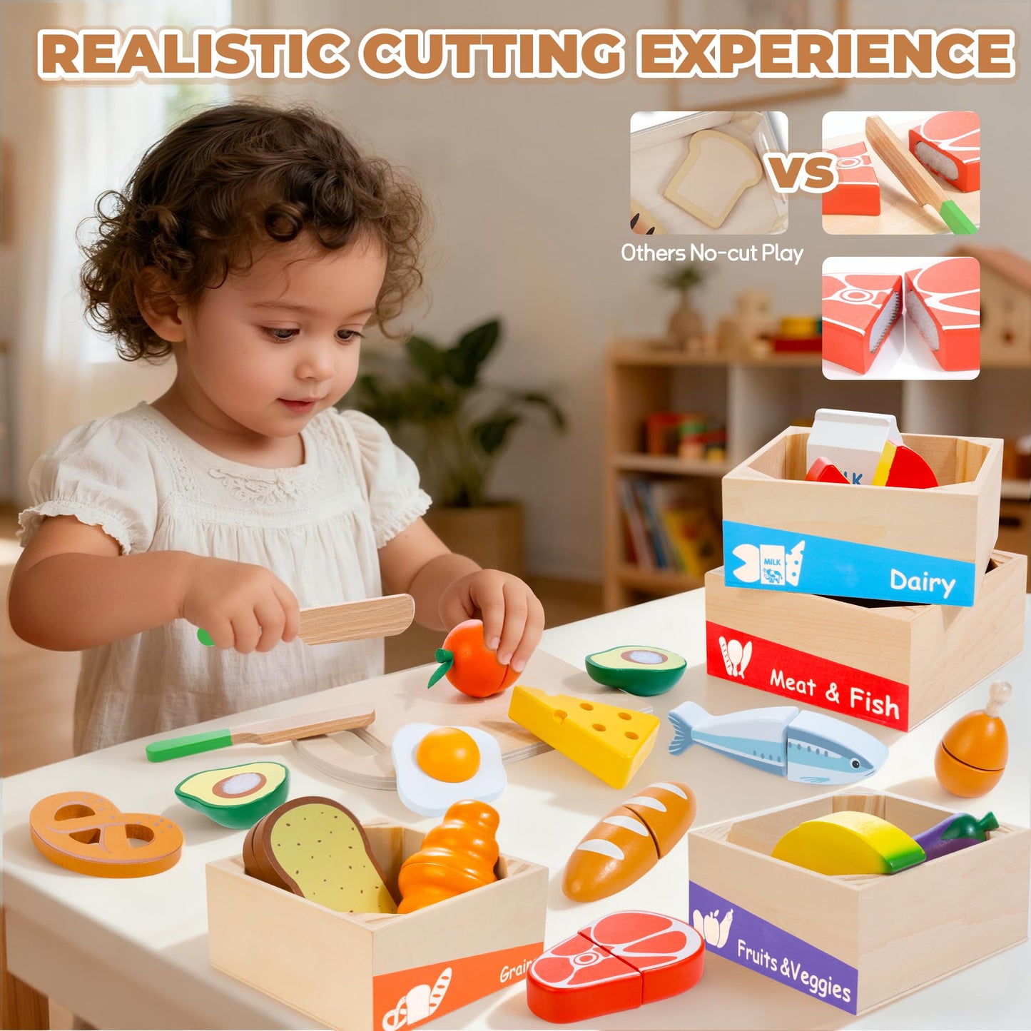WOODMAM Wooden Play Food Set for Toddlers – Montessori Pretend Kitchen Toys (Ages 3–6)