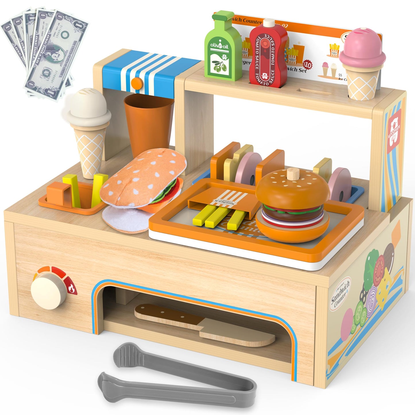 WOODMAM Foldable Wooden Play Food Sandwich Counter – 56-Piece Kitchen Set for Kids