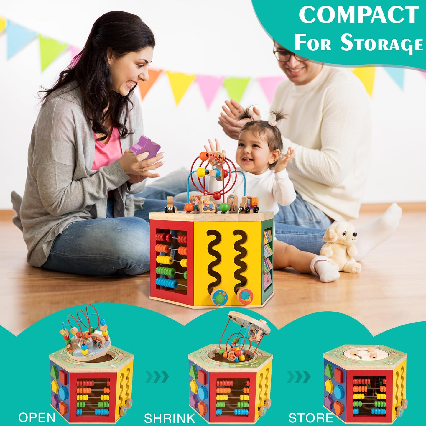 WOODMAM Large Activity Cube – 9-in-1 Farm-Themed Wooden Play Center for 1-2 Year Olds | Bonus Magnetic Train Cars