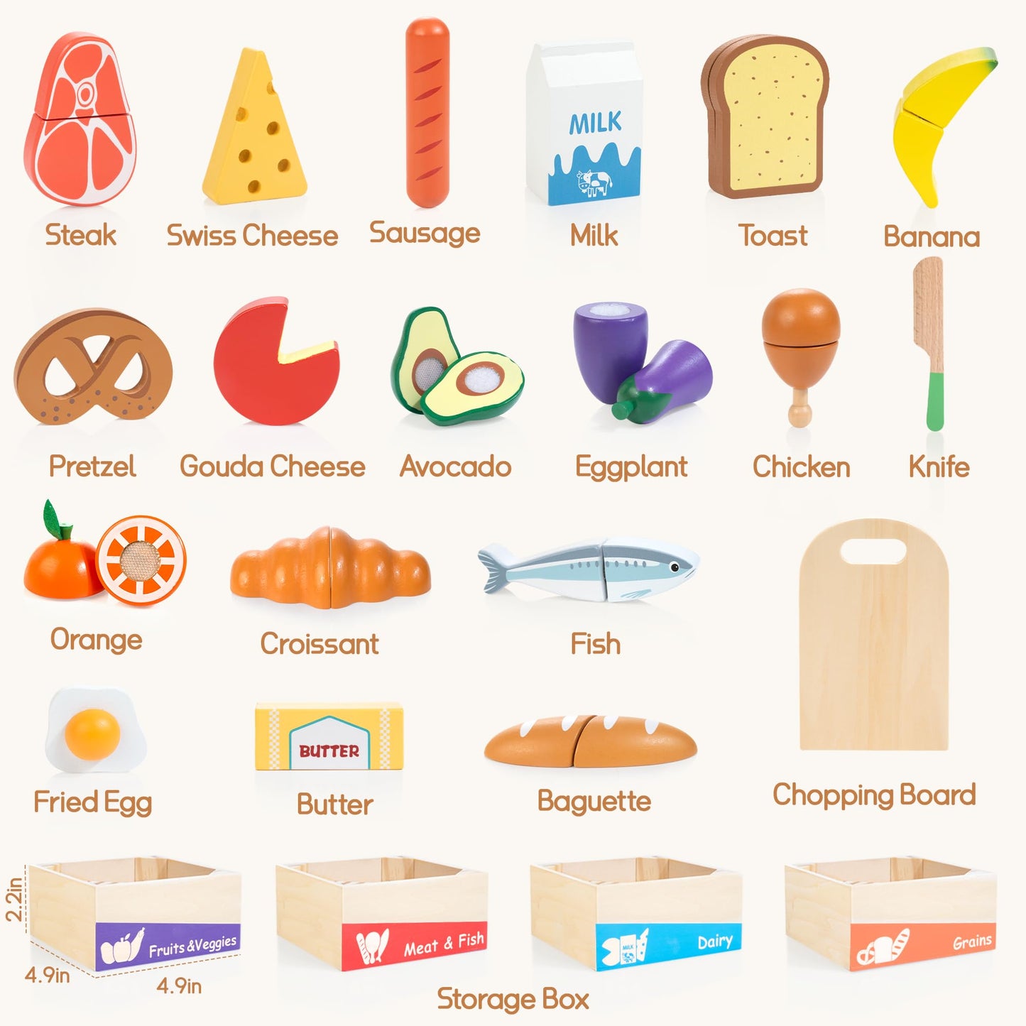 WOODMAM Wooden Play Food Set for Toddlers – Montessori Pretend Kitchen Toys (Ages 3–6)