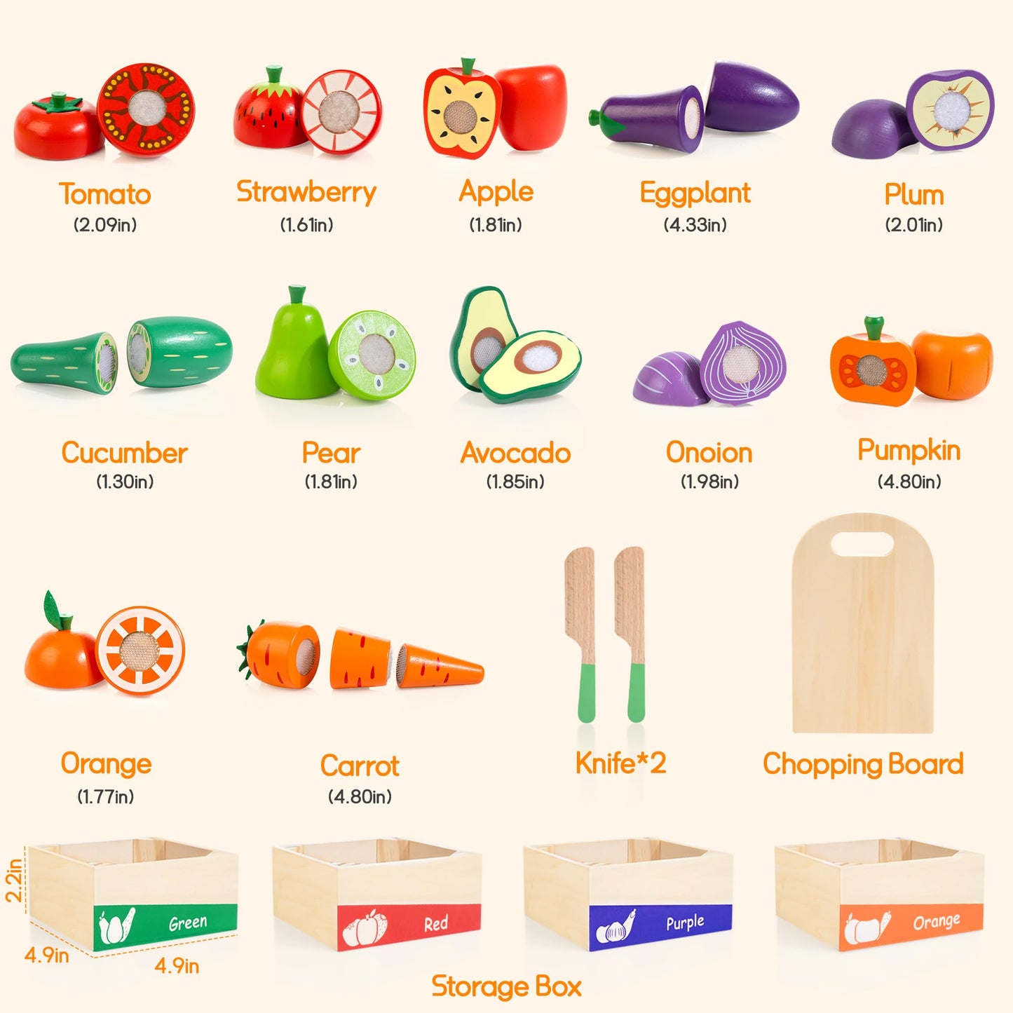WOODMAM Wooden Play Food for Toddlers – Colorful Fruits & Veggies Cutting Set
