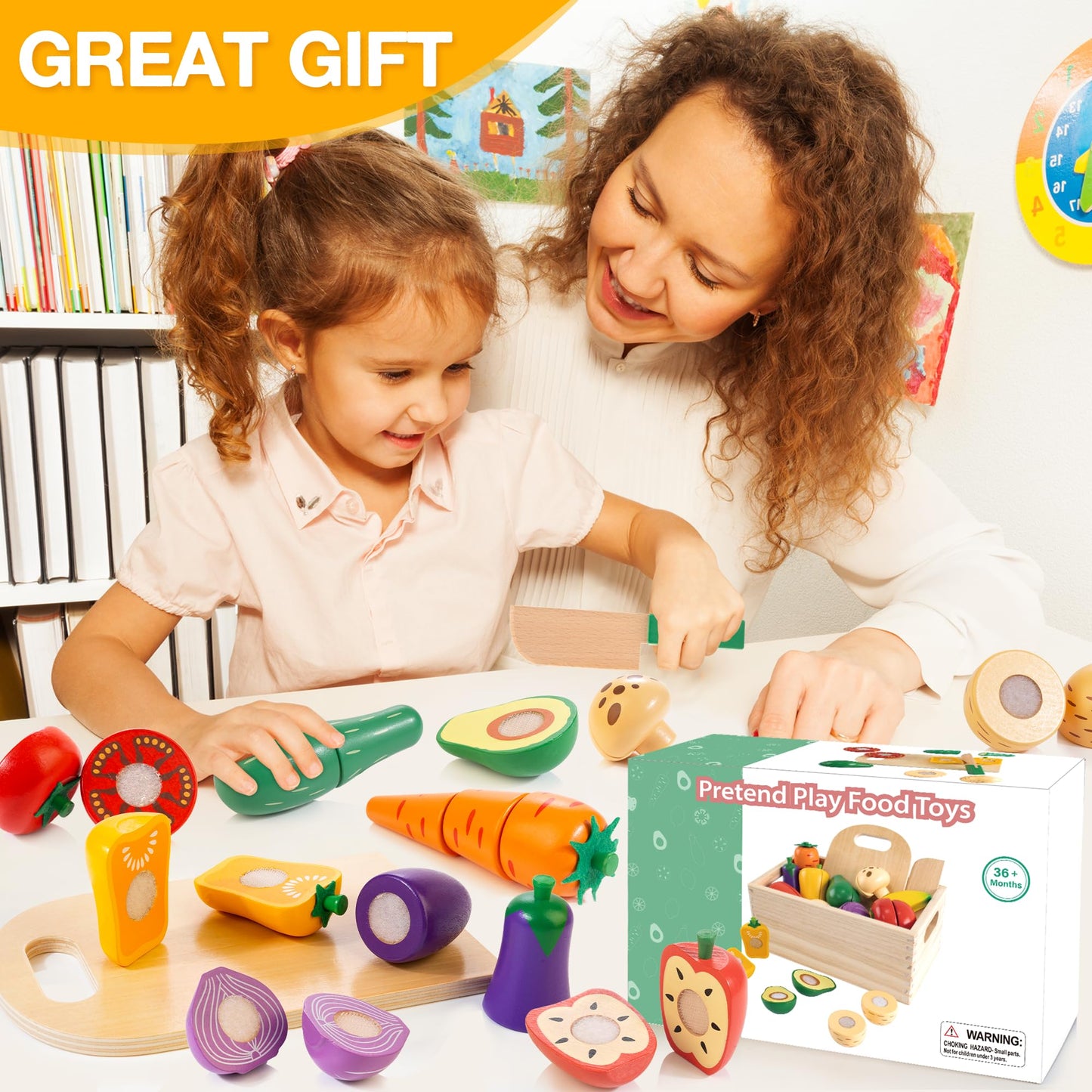Woodmam Wooden Play Food Set for Kids Kitchen — Cutting Veggies & Fruits with Case