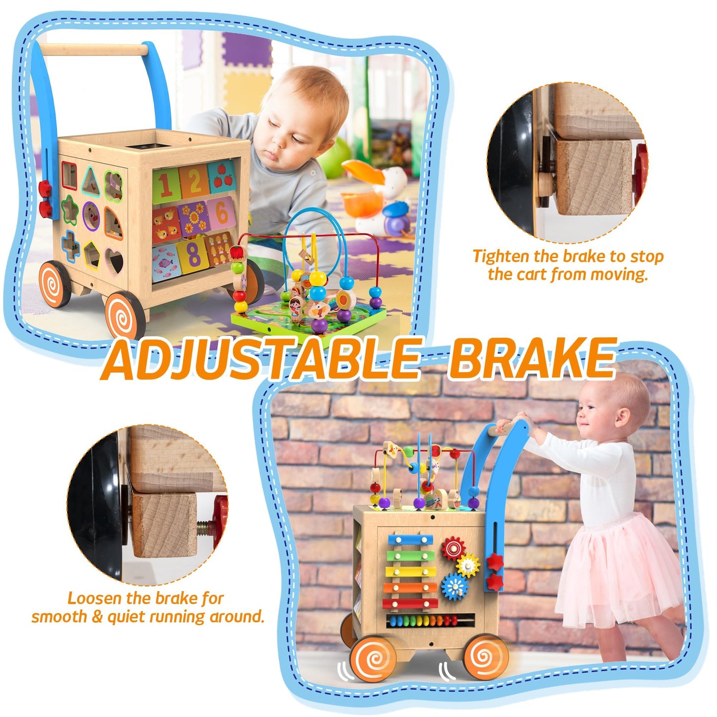 WOODMAM 9-in-1 Wooden Activity Cube & Baby Walker – Height & Brake Adjustable, Montessori-Inspired Learning