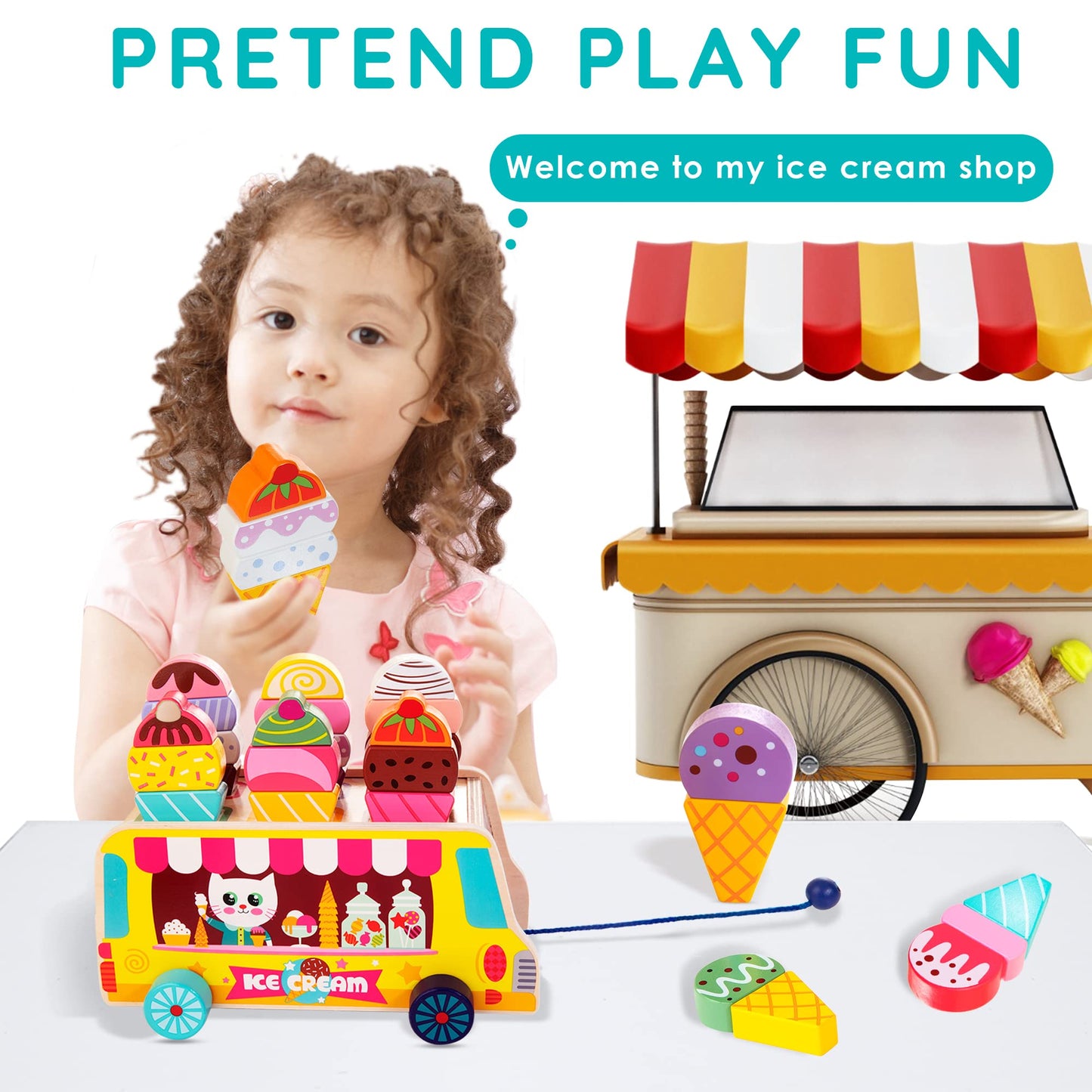 WOODMAM HelloWood Wooden Ice Cream Truck - 28 Magnetic Pieces for Pretend Play, Montessori Sorting & Stacking (Ages 2-5)