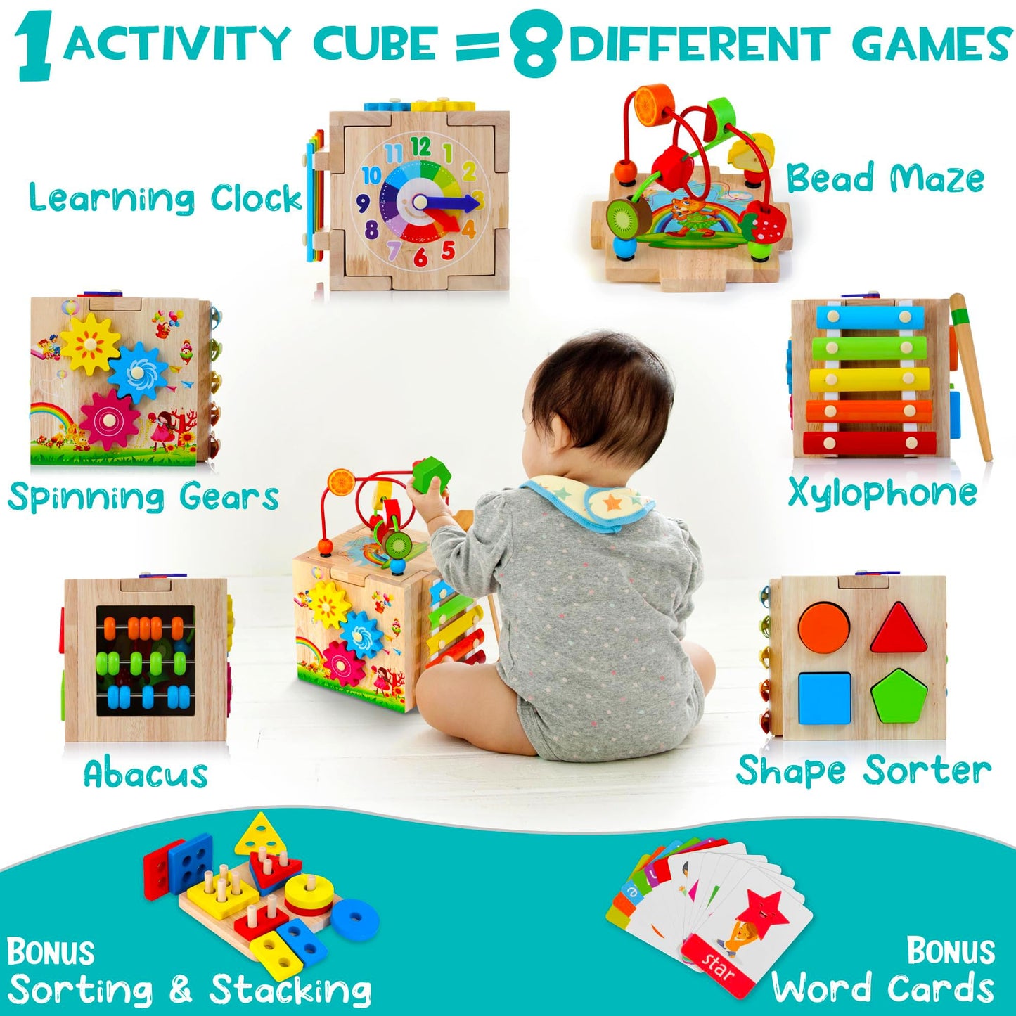 WOODMAM HELLOWOOD: 8-in-1 Montessori Wooden Activity Cube for Toddlers