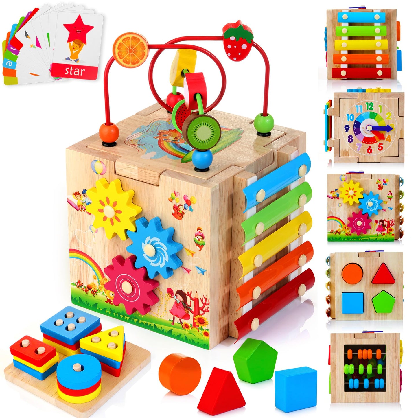 WOODMAM HELLOWOOD: 8-in-1 Montessori Wooden Activity Cube for Toddlers