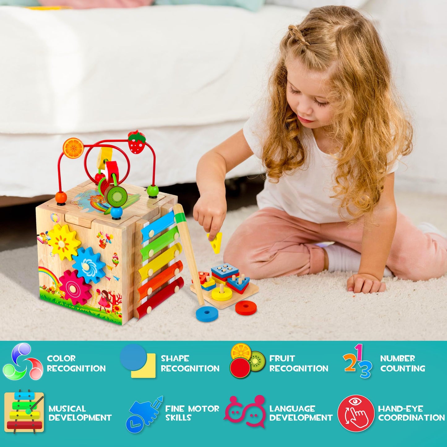 WOODMAM HELLOWOOD: 8-in-1 Montessori Wooden Activity Cube for Toddlers