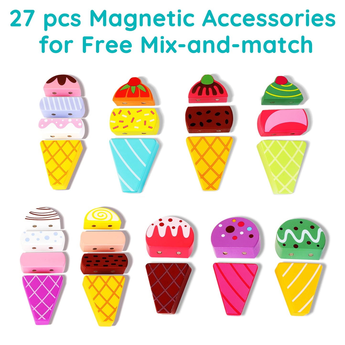 WOODMAM HelloWood Wooden Ice Cream Truck - 28 Magnetic Pieces for Pretend Play, Montessori Sorting & Stacking (Ages 2-5)