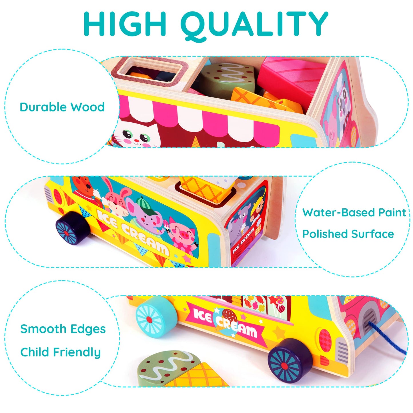 WOODMAM HelloWood Wooden Ice Cream Truck - 28 Magnetic Pieces for Pretend Play, Montessori Sorting & Stacking (Ages 2-5)
