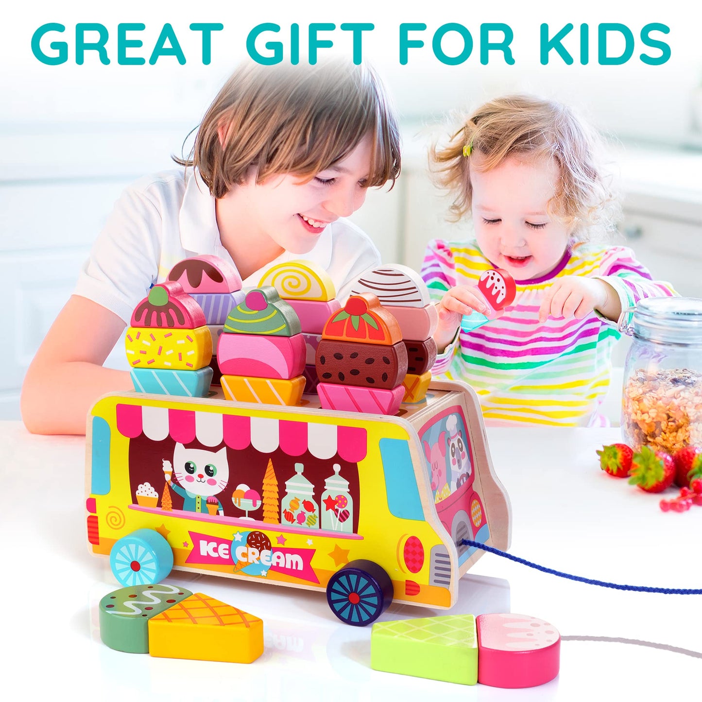 WOODMAM HelloWood Wooden Ice Cream Truck - 28 Magnetic Pieces for Pretend Play, Montessori Sorting & Stacking (Ages 2-5)
