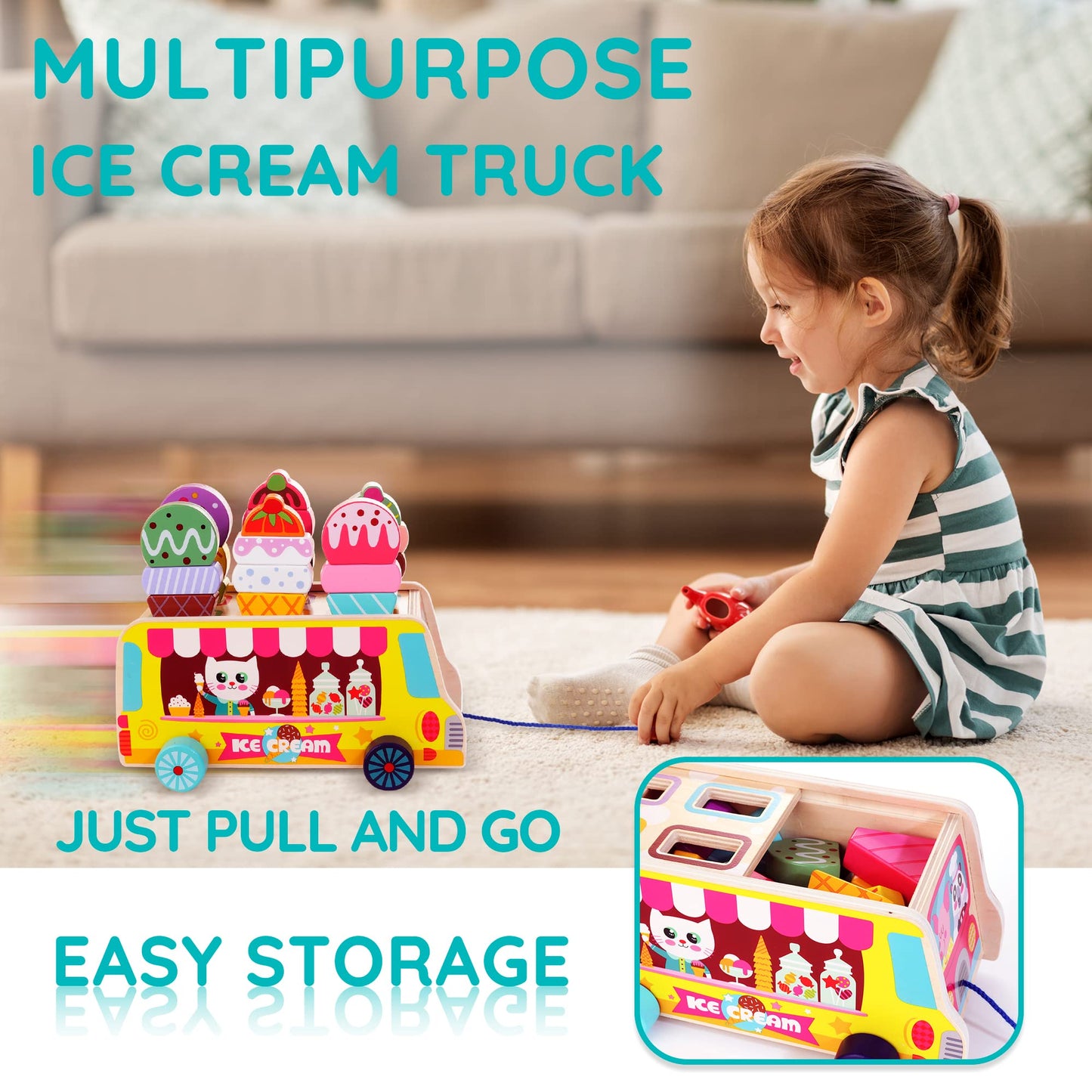 WOODMAM HelloWood Wooden Ice Cream Truck - 28 Magnetic Pieces for Pretend Play, Montessori Sorting & Stacking (Ages 2-5)