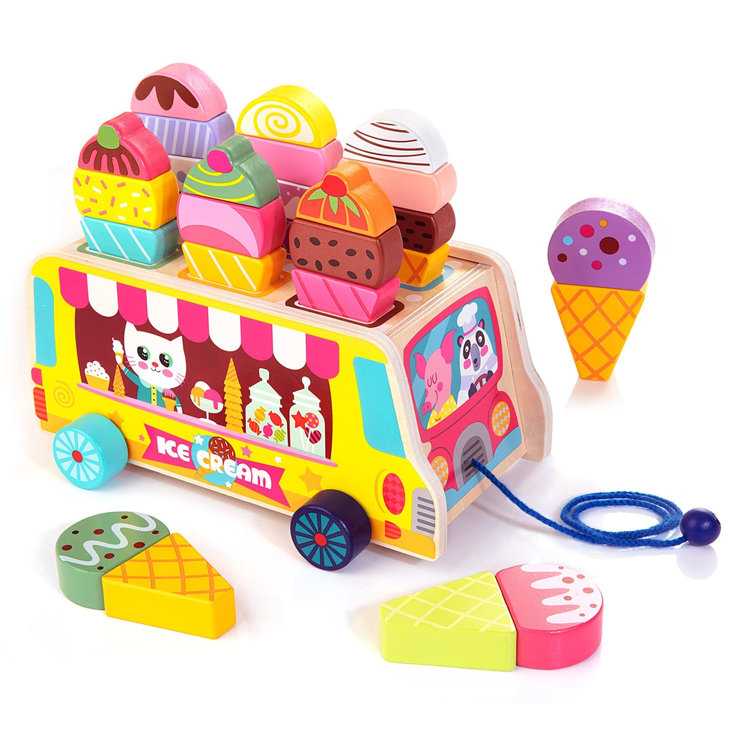 WOODMAM HelloWood Wooden Ice Cream Truck - 28 Magnetic Pieces for Pretend Play, Montessori Sorting & Stacking (Ages 2-5)