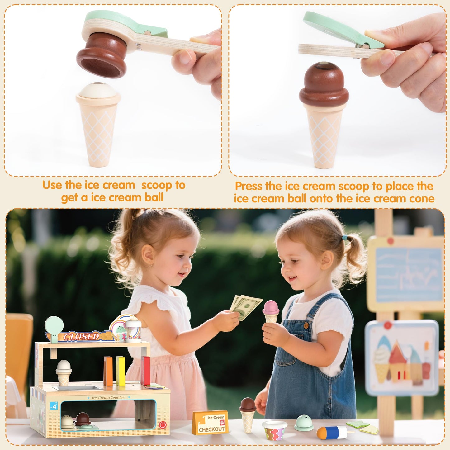 WOODMAM Foldable Wooden Ice Cream Counter – 52-Piece Pretend Play Set for Kids