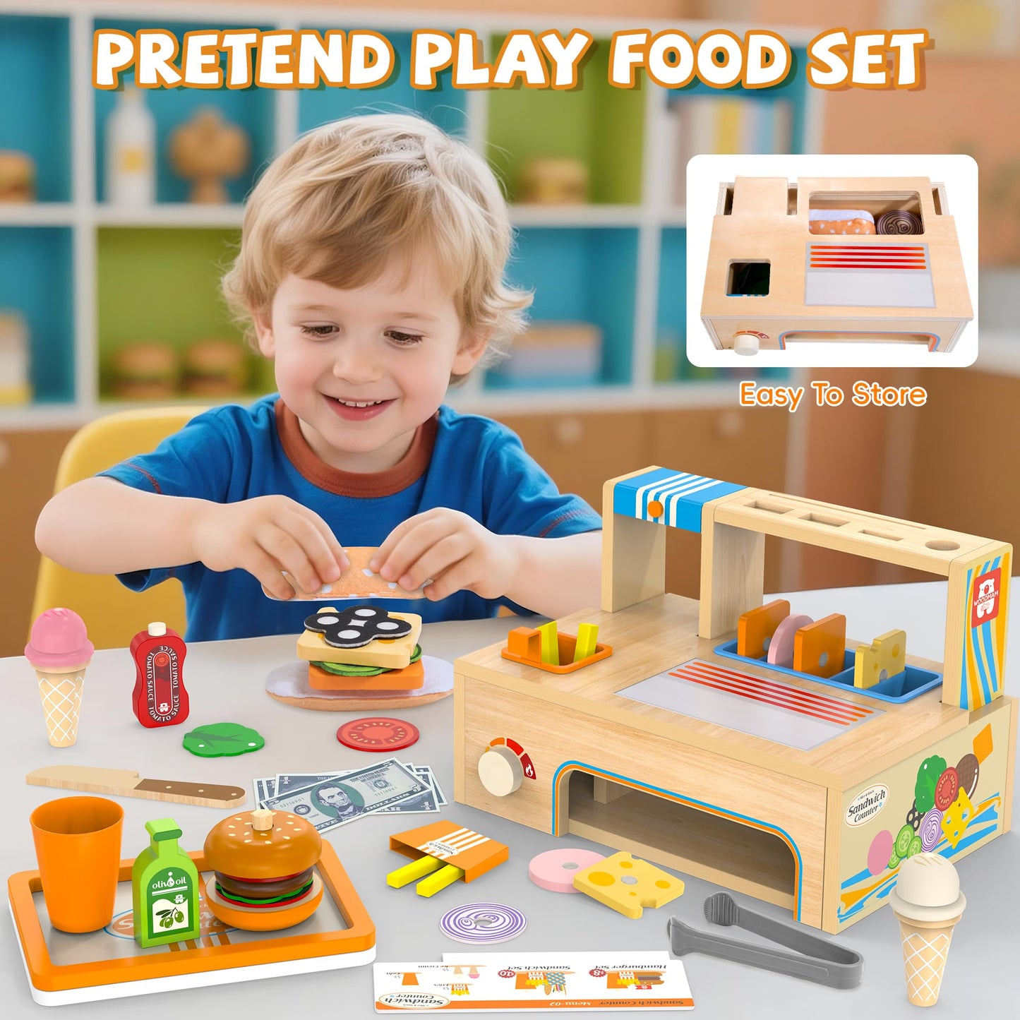 WOODMAM Foldable Wooden Play Food Sandwich Counter – 56-Piece Kitchen Set for Kids