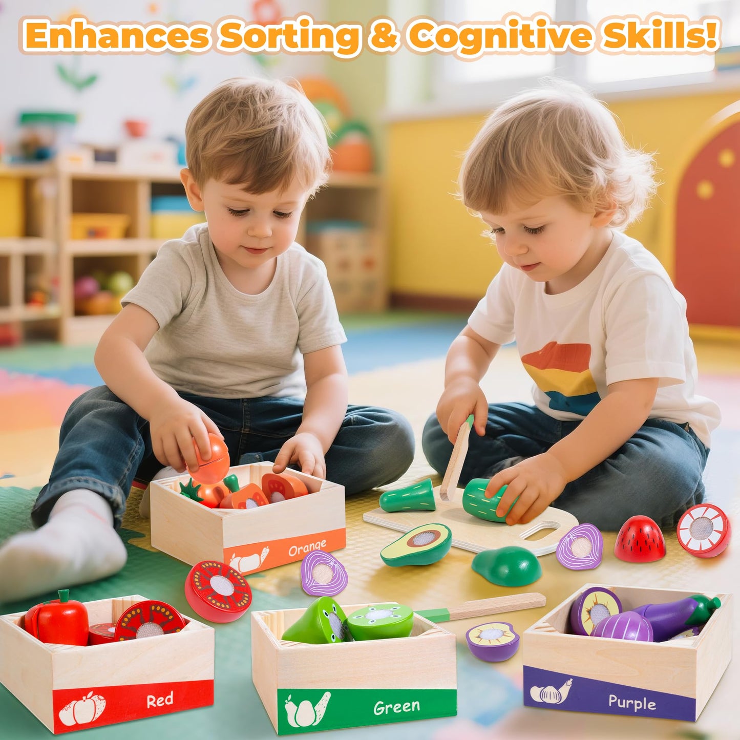 WOODMAM Wooden Play Food for Toddlers – Colorful Fruits & Veggies Cutting Set