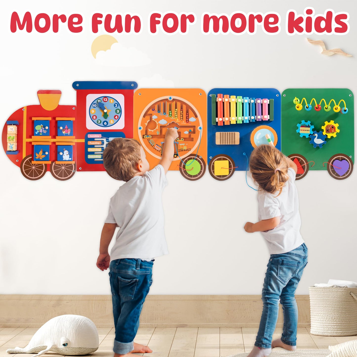WOODMAM Train Activity Wall Panel — 11-in-1 Montessori Sensory Wall for Kids