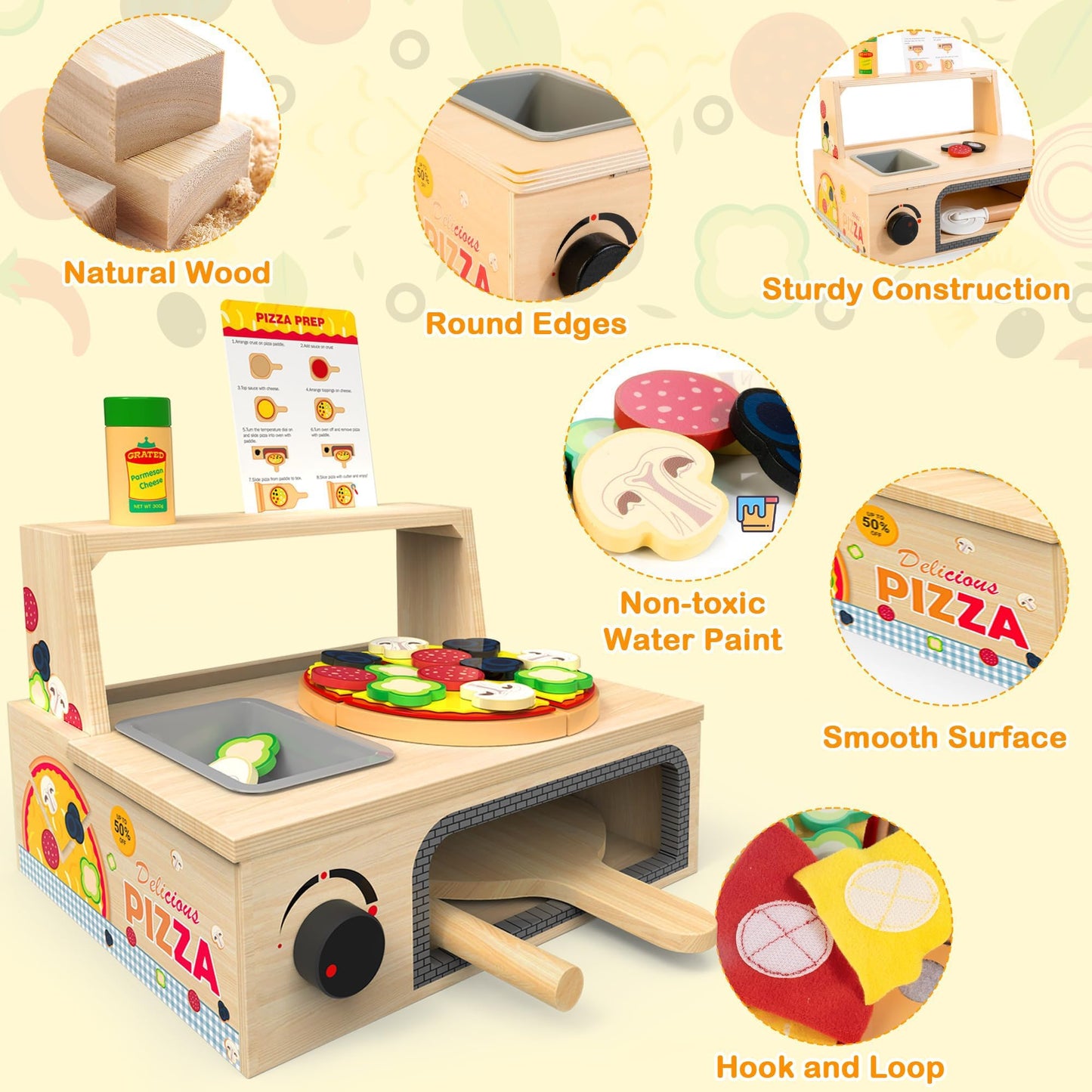 WOODMAM 48-Piece Wooden Pizza Toy – Montessori Pretend Play with Bake Oven