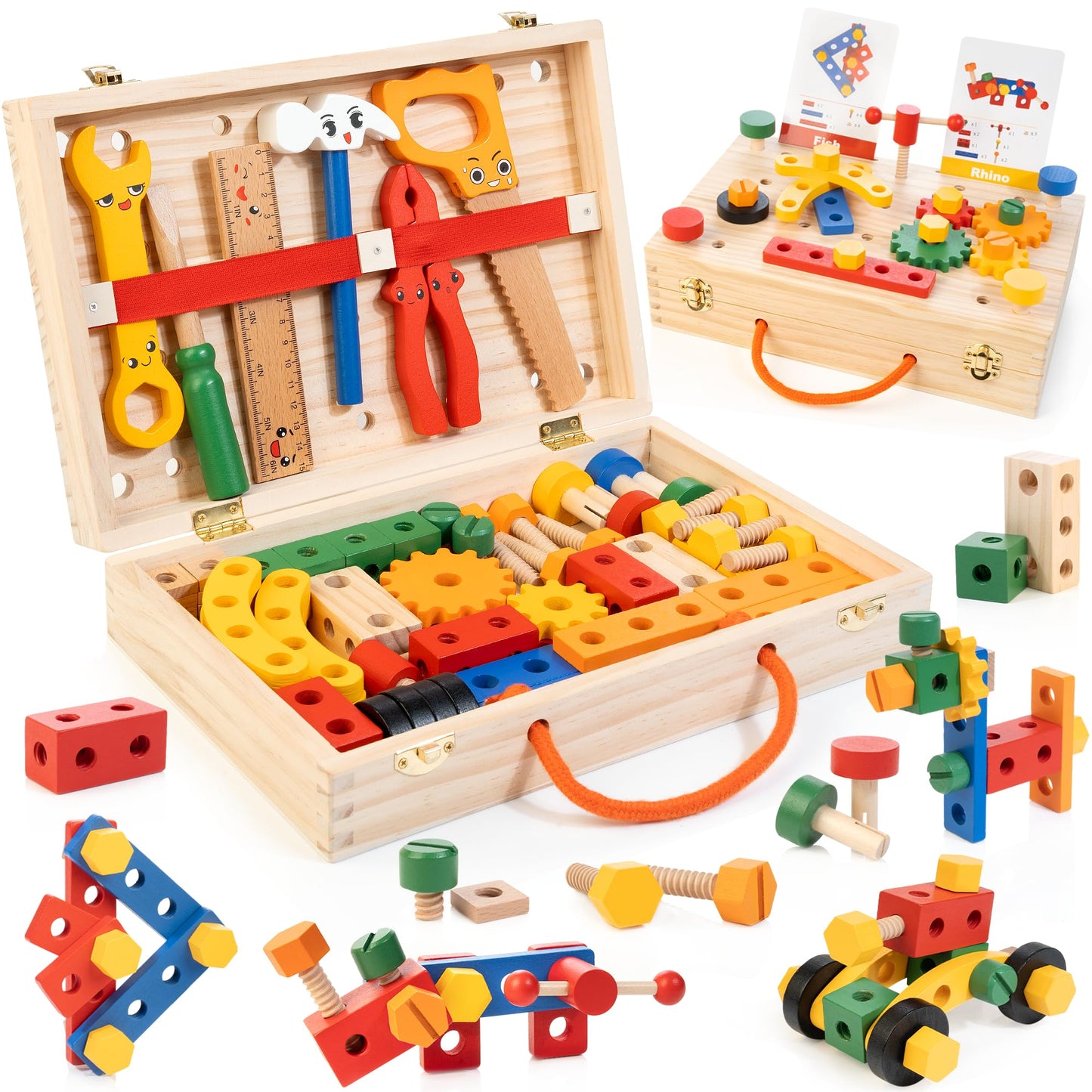 WOODMAM Kids Tool Set — 90-Piece Wooden Toy Kit with Box & Flash Cards (Ages 3–5) | FSC Certified