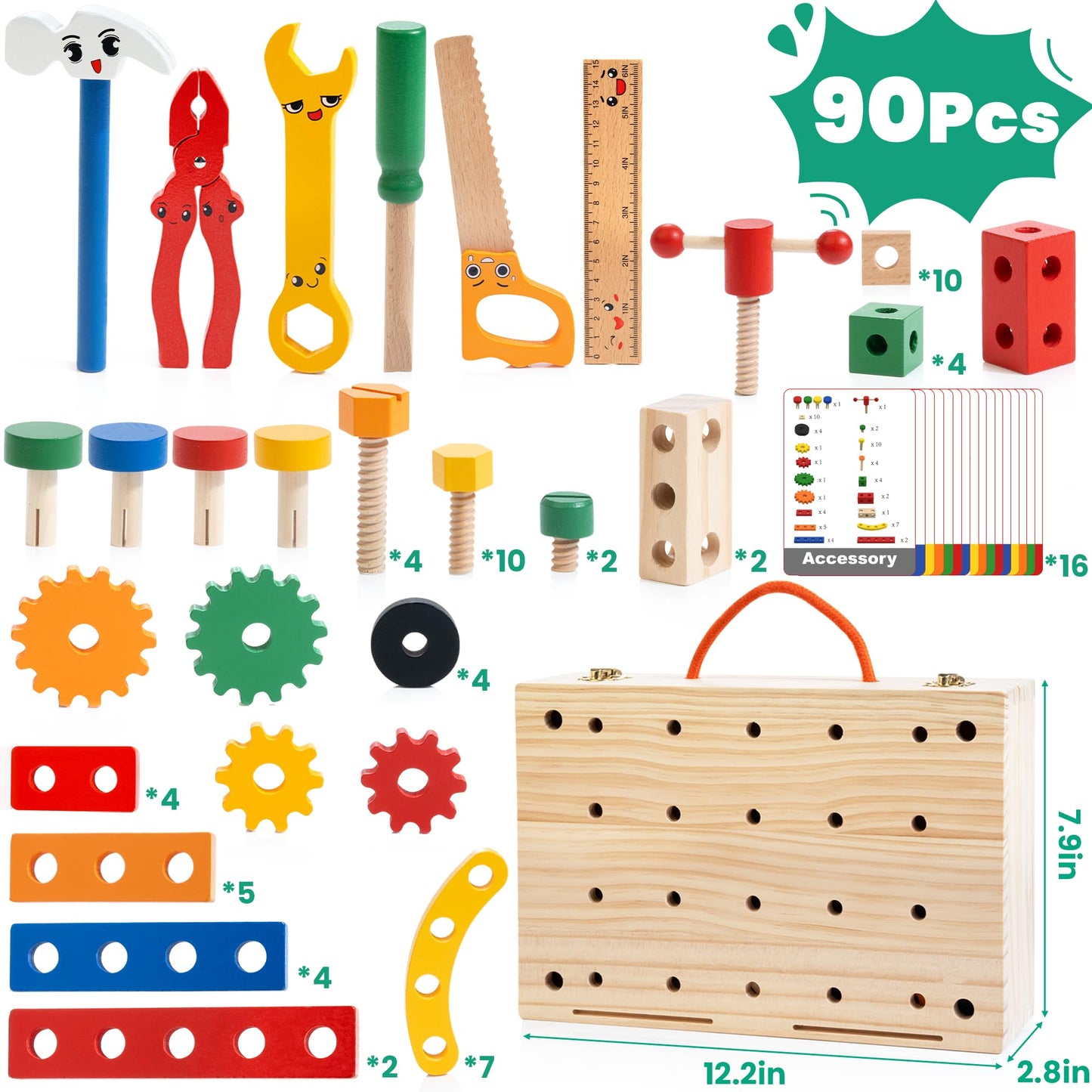WOODMAM Kids Tool Set — 90-Piece Wooden Toy Kit with Box & Flash Cards (Ages 3–5) | FSC Certified