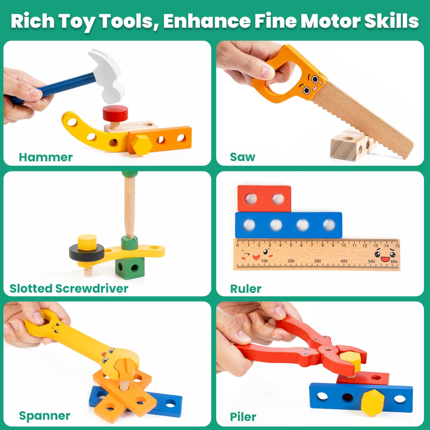WOODMAM Kids Tool Set — 90-Piece Wooden Toy Kit with Box & Flash Cards (Ages 3–5) | FSC Certified