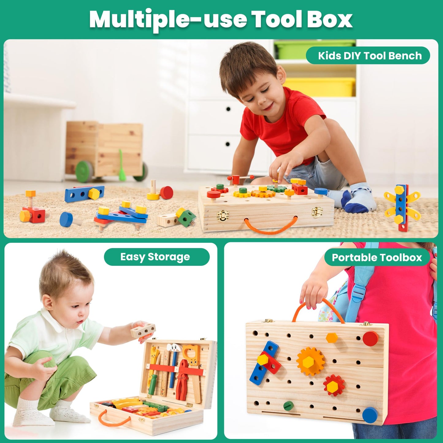 WOODMAM Kids Tool Set — 90-Piece Wooden Toy Kit with Box & Flash Cards (Ages 3–5) | FSC Certified
