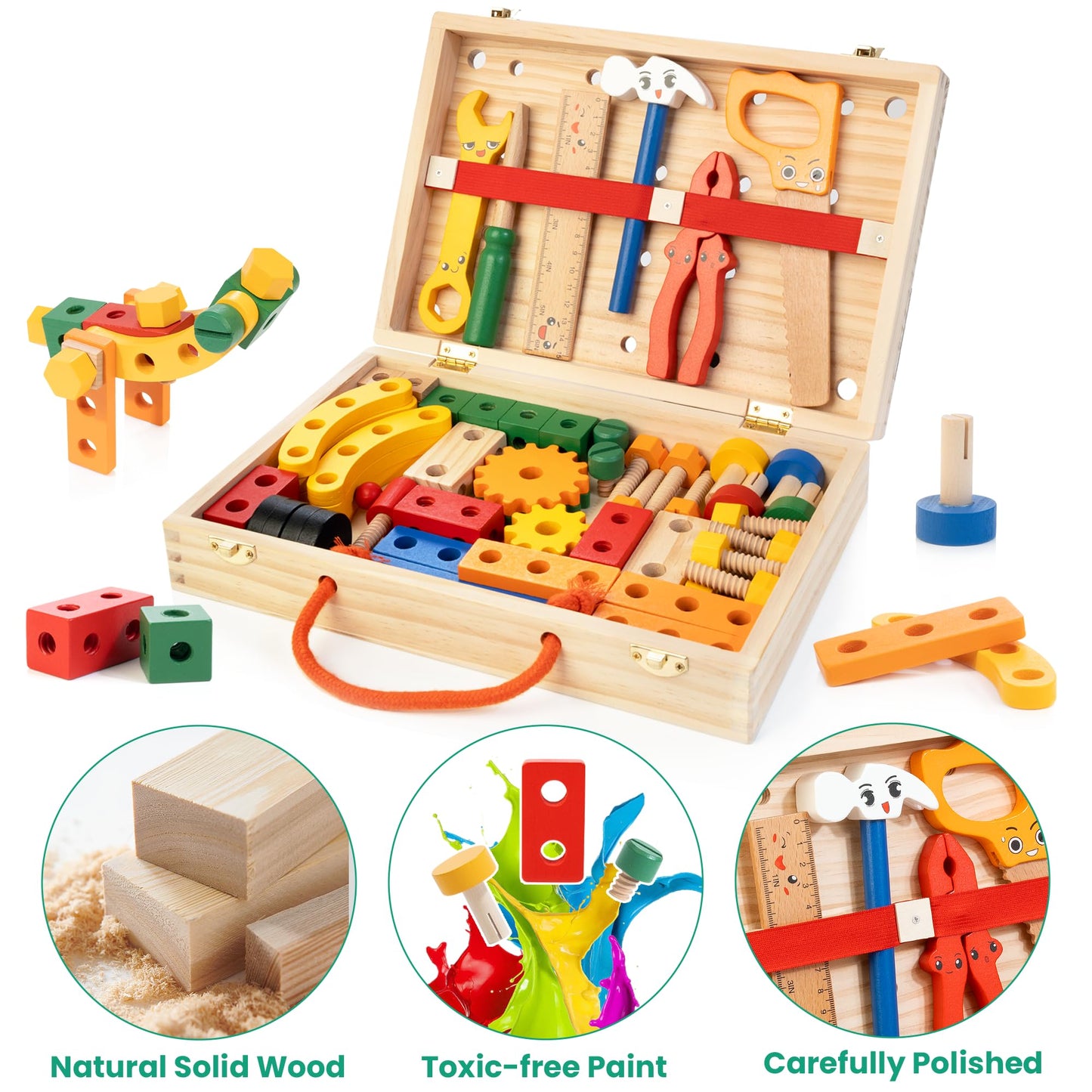 WOODMAM Kids Tool Set — 90-Piece Wooden Toy Kit with Box & Flash Cards (Ages 3–5) | FSC Certified