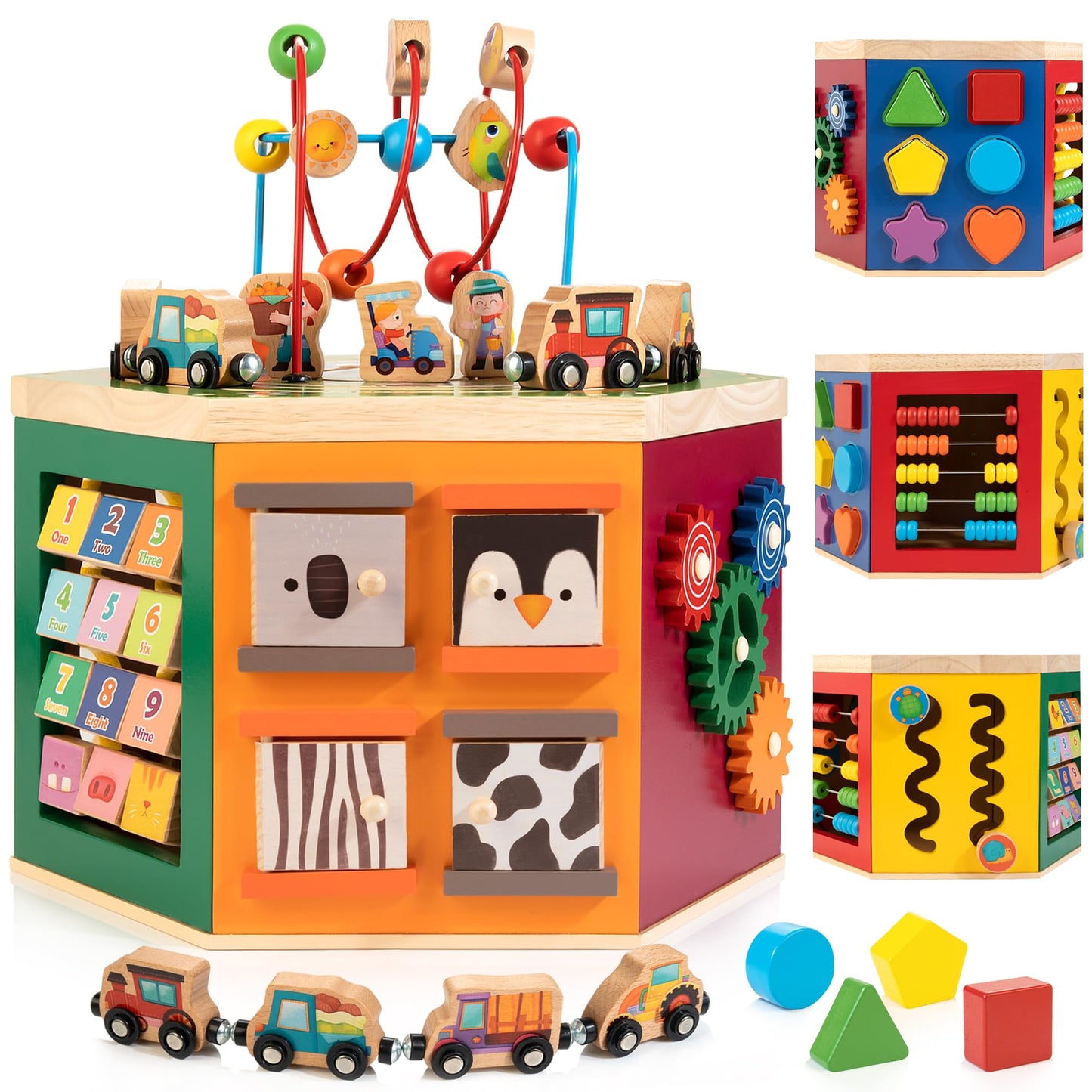 WOODMAM Large Activity Cube – 9-in-1 Farm-Themed Wooden Play Center for 1-2 Year Olds | Bonus Magnetic Train Cars