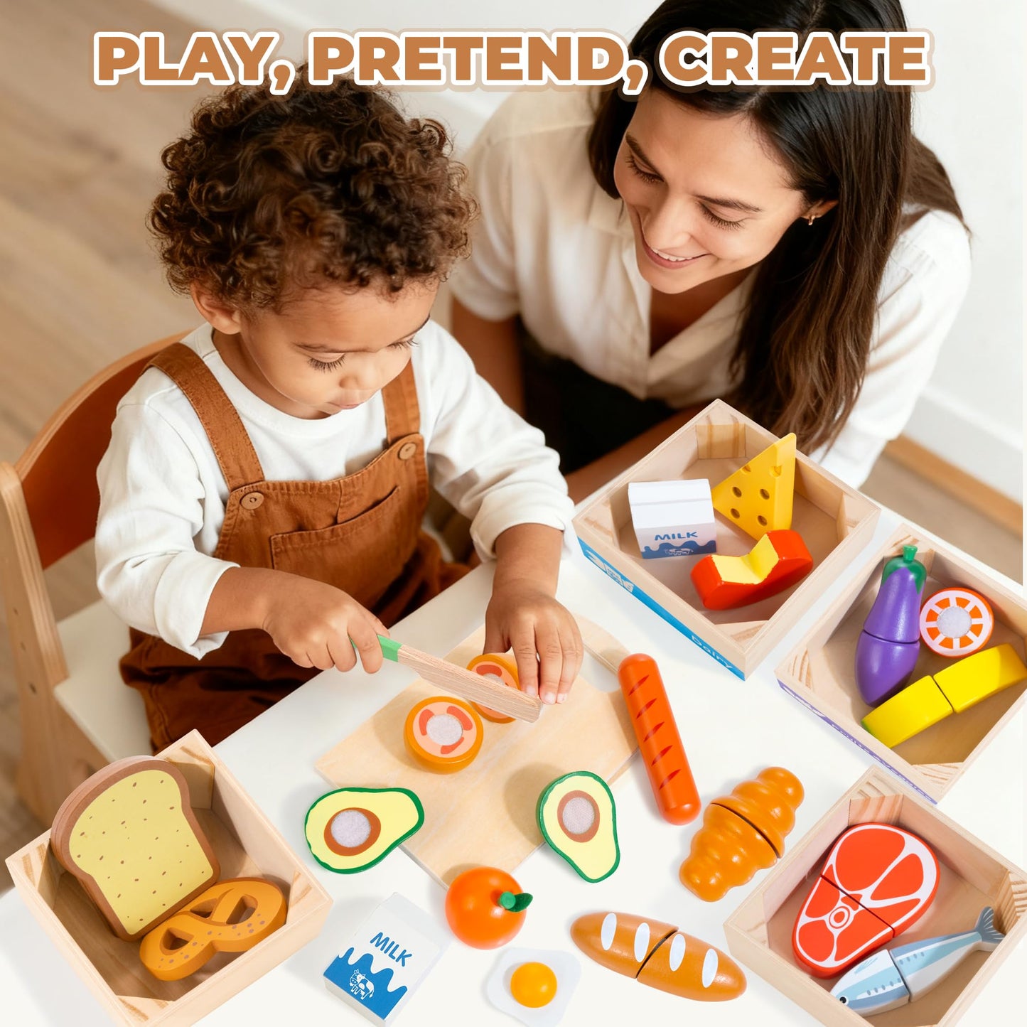 WOODMAM Wooden Play Food Set for Toddlers – Montessori Pretend Kitchen Toys (Ages 3–6)