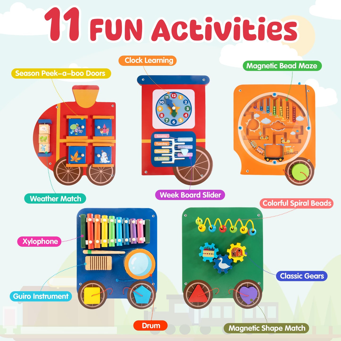 WOODMAM Train Activity Wall Panel — 11-in-1 Montessori Sensory Wall for Kids