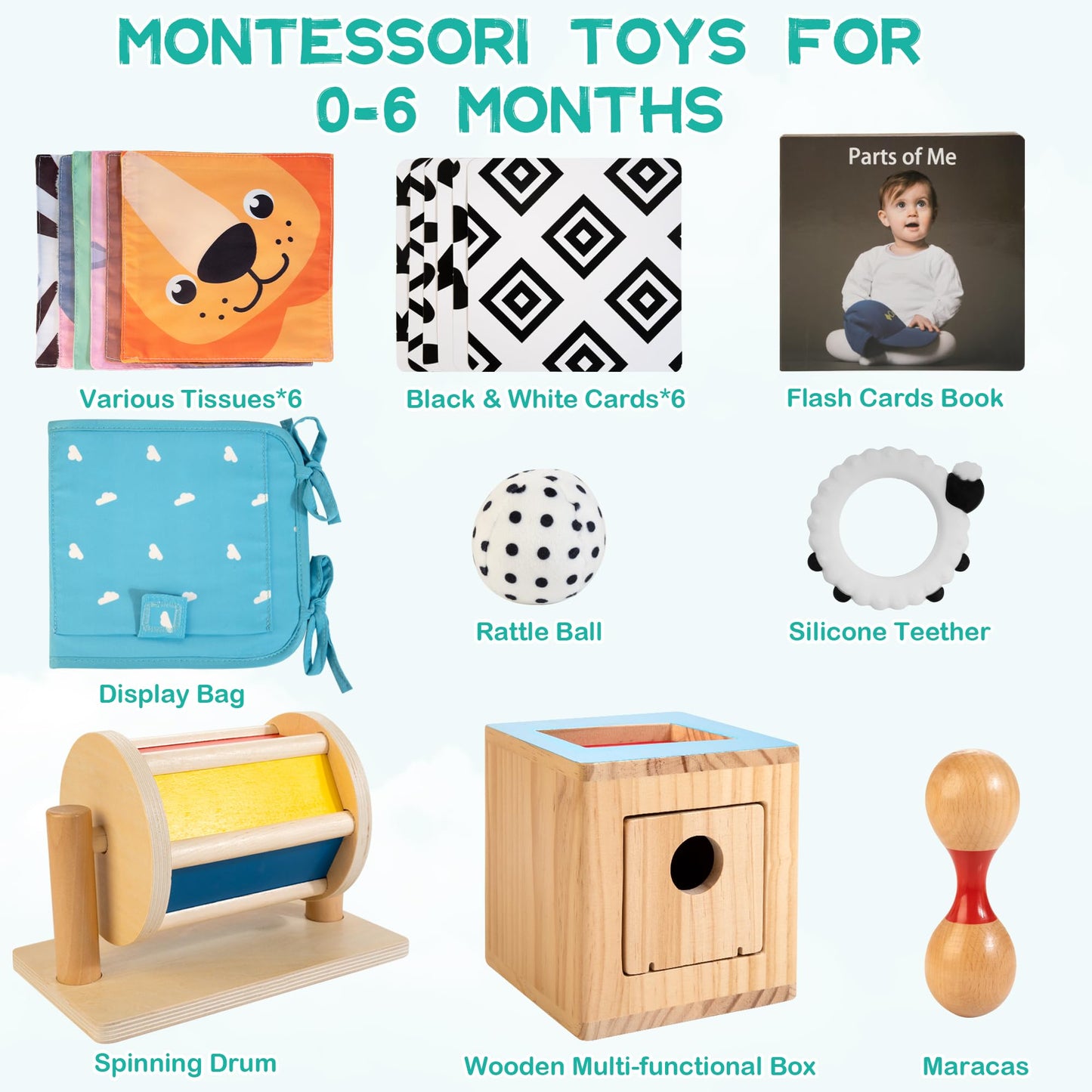 WOODMAM Montessori Toys for Babies 0-6 Months | 9-in-1 Learning & Sensory Set