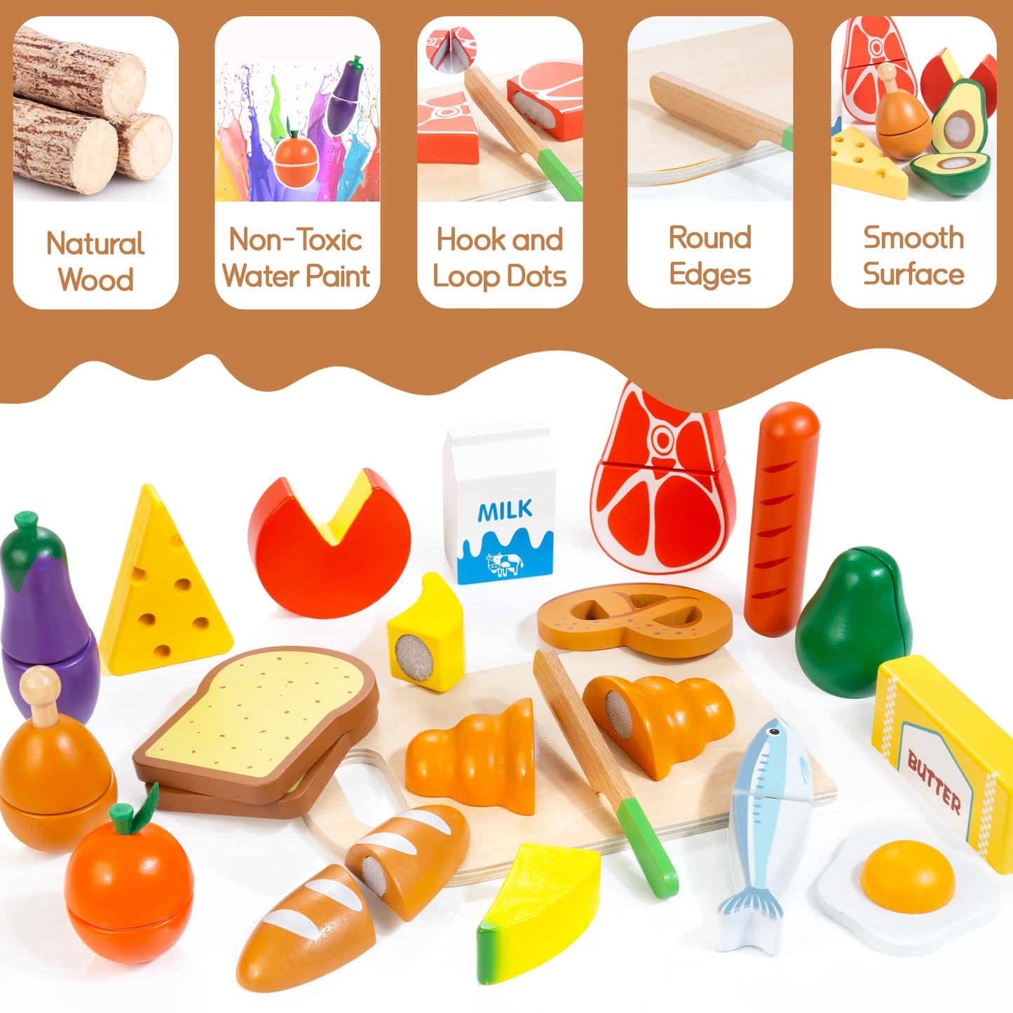 WOODMAM Wooden Play Food Set for Toddlers – Montessori Pretend Kitchen Toys (Ages 3–6)