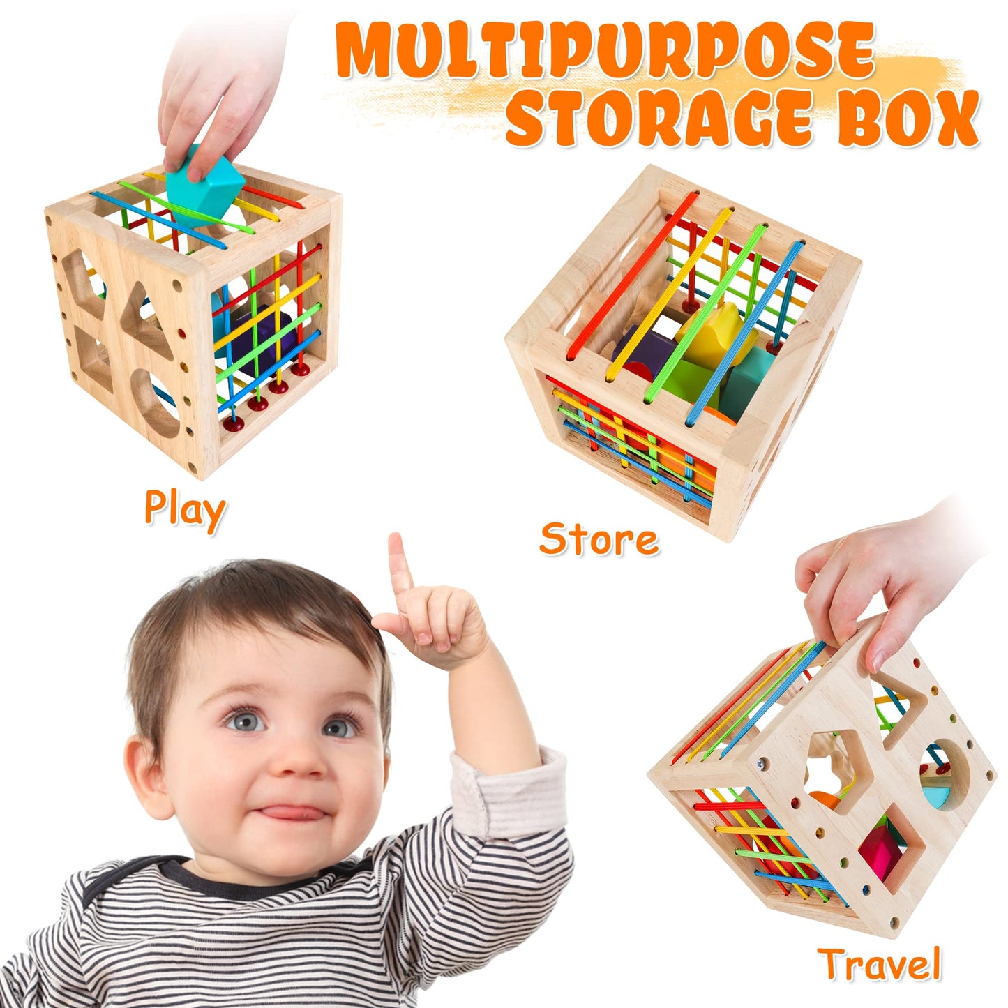 WOODMAM HELLOWOOD Montessori Shape Sorter Cube – 8 Rattling Shapes (1+ Year)