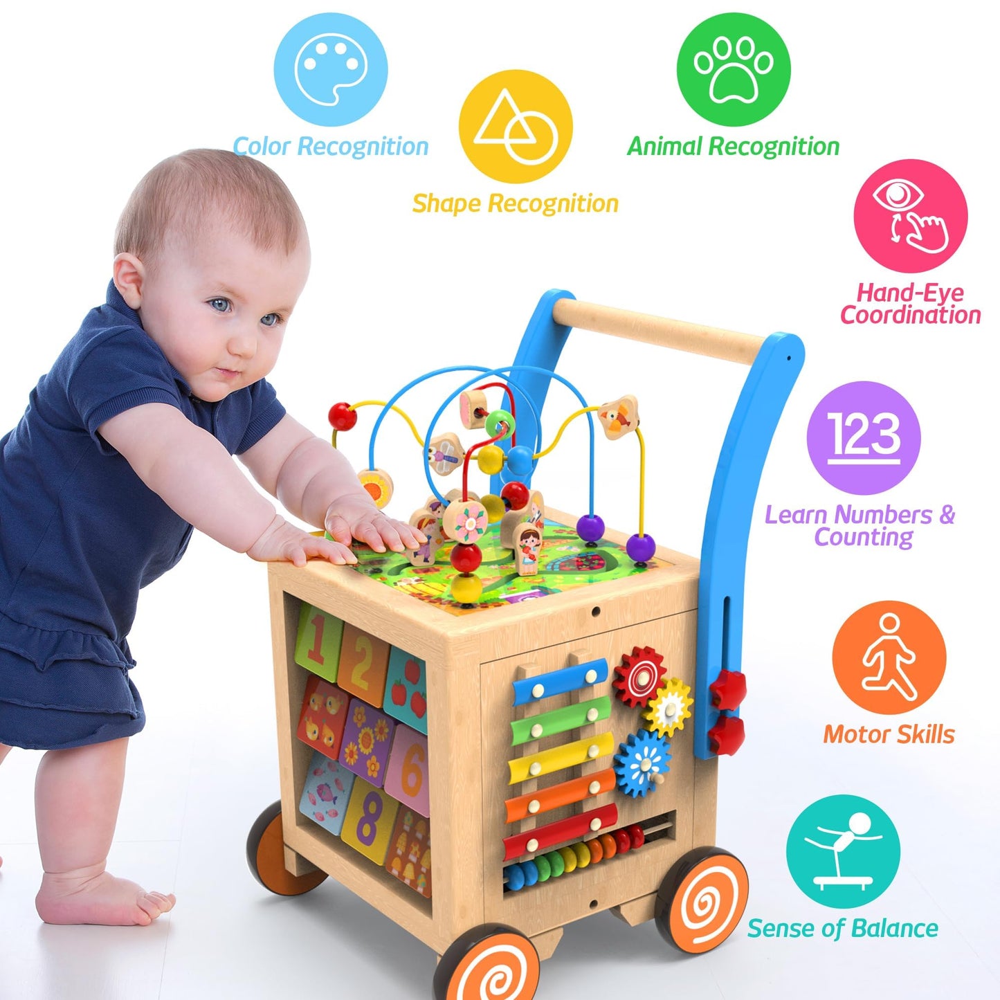 WOODMAM 9-in-1 Wooden Activity Cube & Baby Walker – Height & Brake Adjustable, Montessori-Inspired Learning