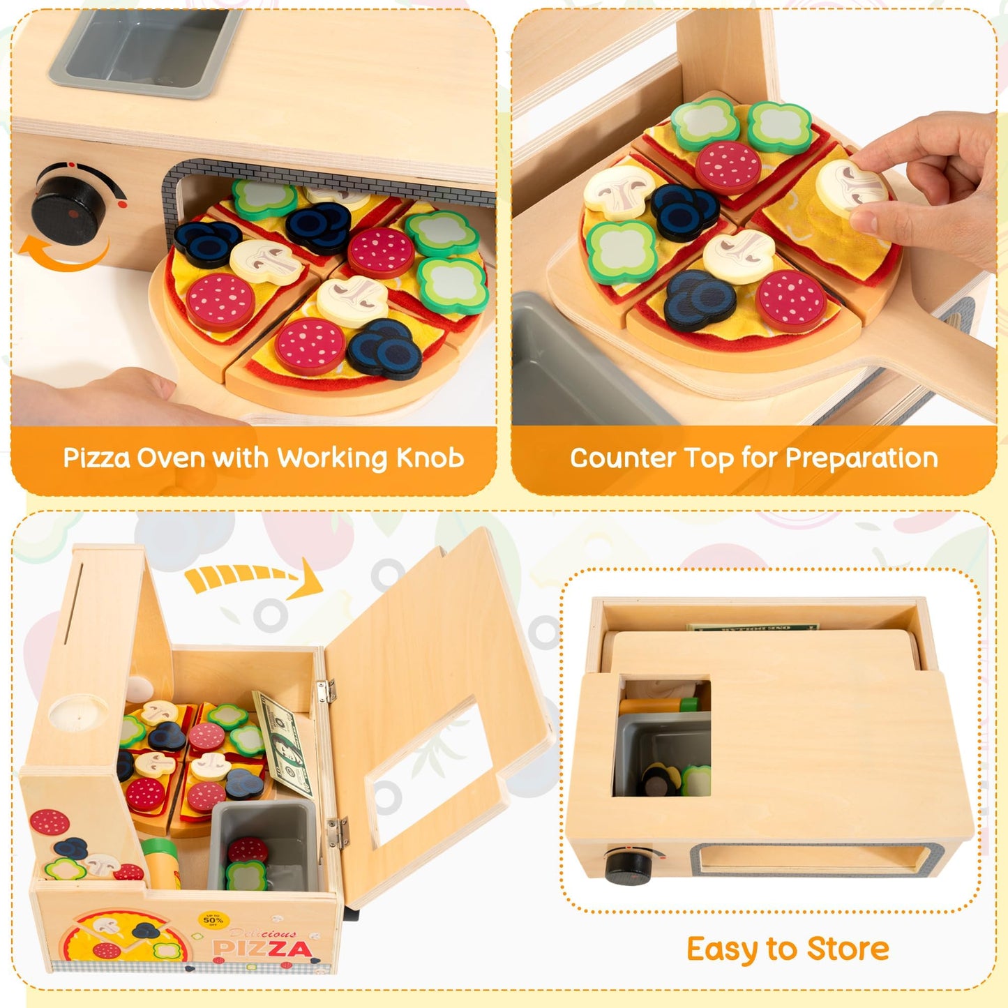 WOODMAM 48-Piece Wooden Pizza Toy – Montessori Pretend Play with Bake Oven