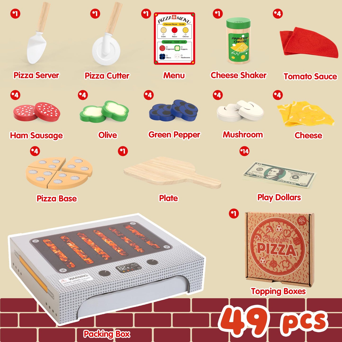 WOODMAM Pizza Toy Set | Montessori Realistic Play Food with Oven Box for Kids Ages 3–6