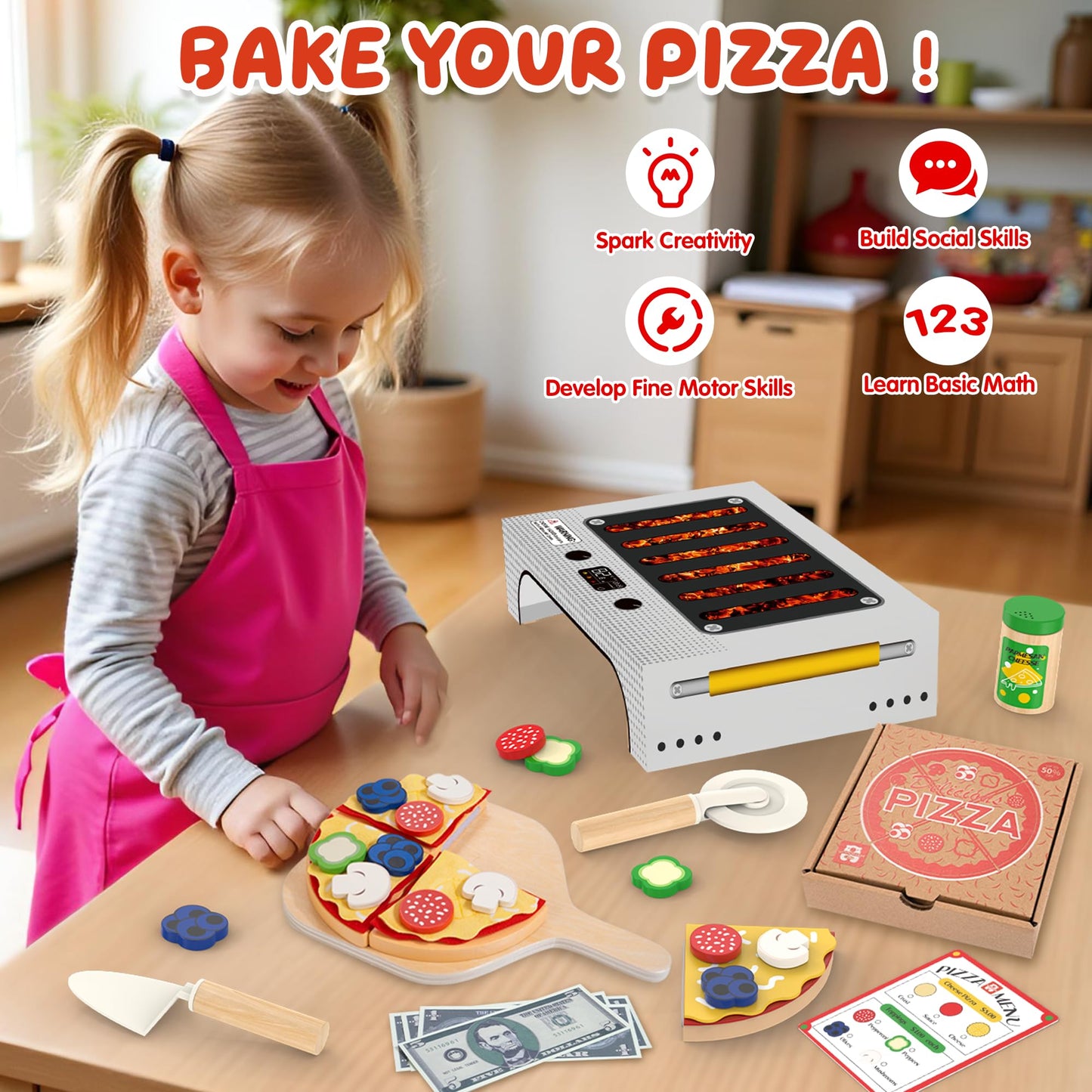 WOODMAM Pizza Toy Set | Montessori Realistic Play Food with Oven Box for Kids Ages 3–6
