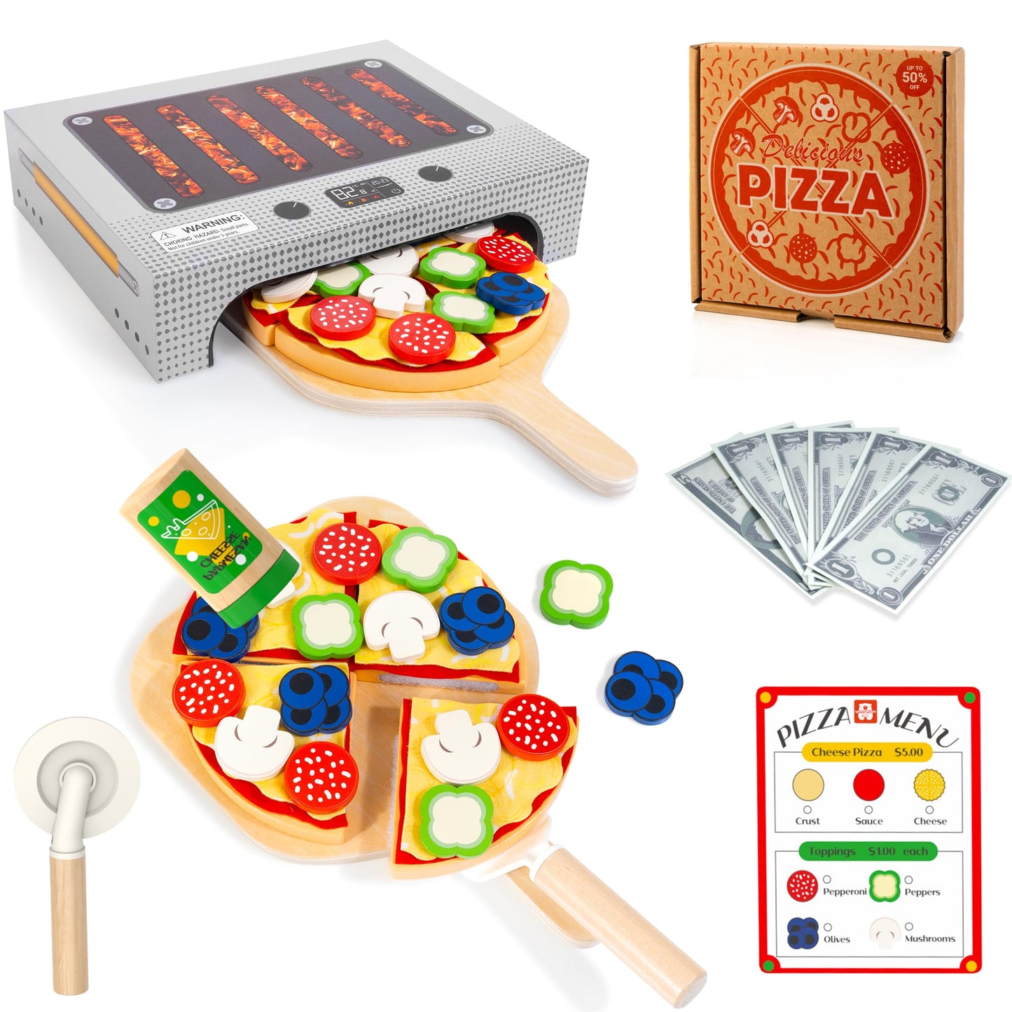 WOODMAM Pizza Toy Set | Montessori Realistic Play Food with Oven Box for Kids Ages 3–6