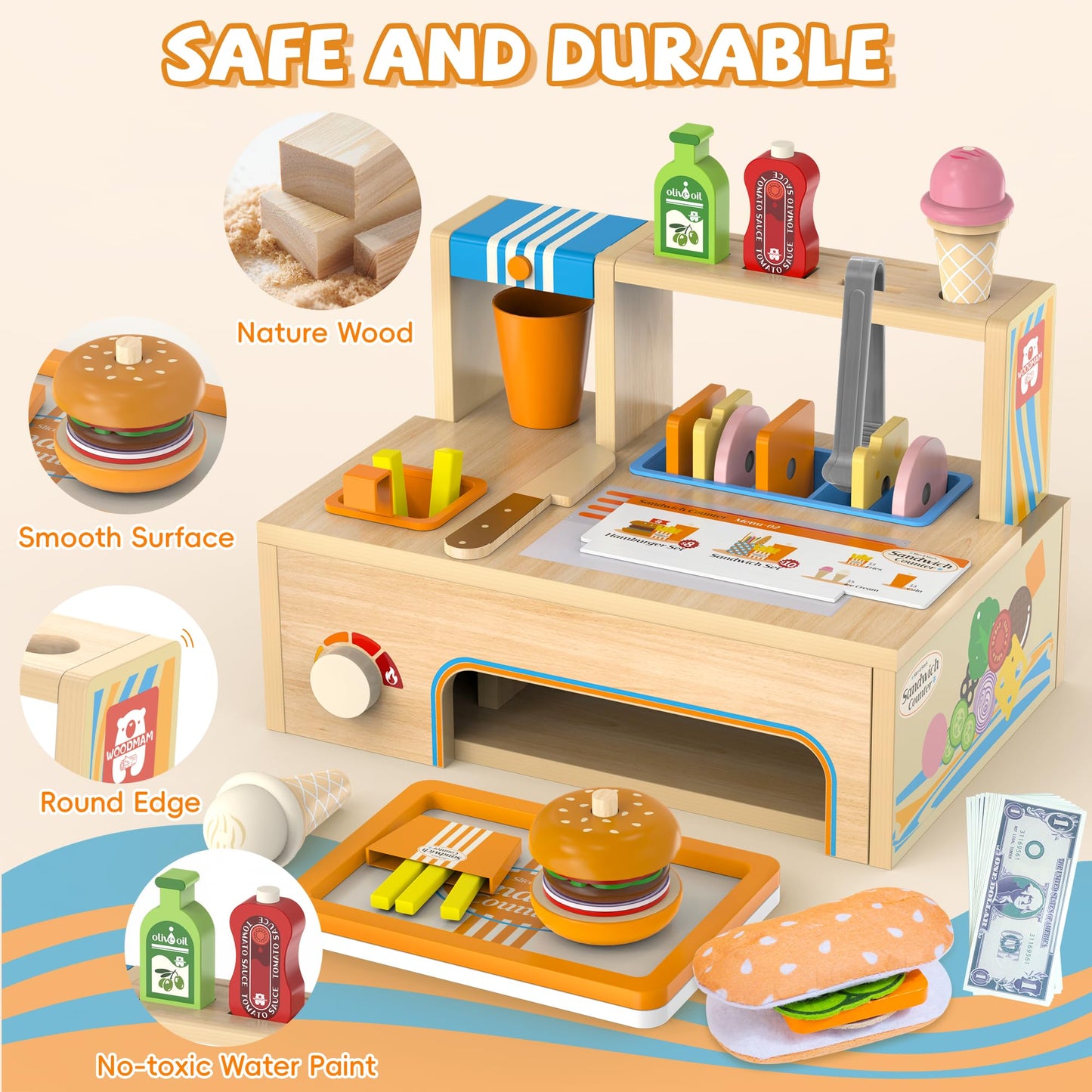 WOODMAM Foldable Wooden Play Food Sandwich Counter – 56-Piece Kitchen Set for Kids