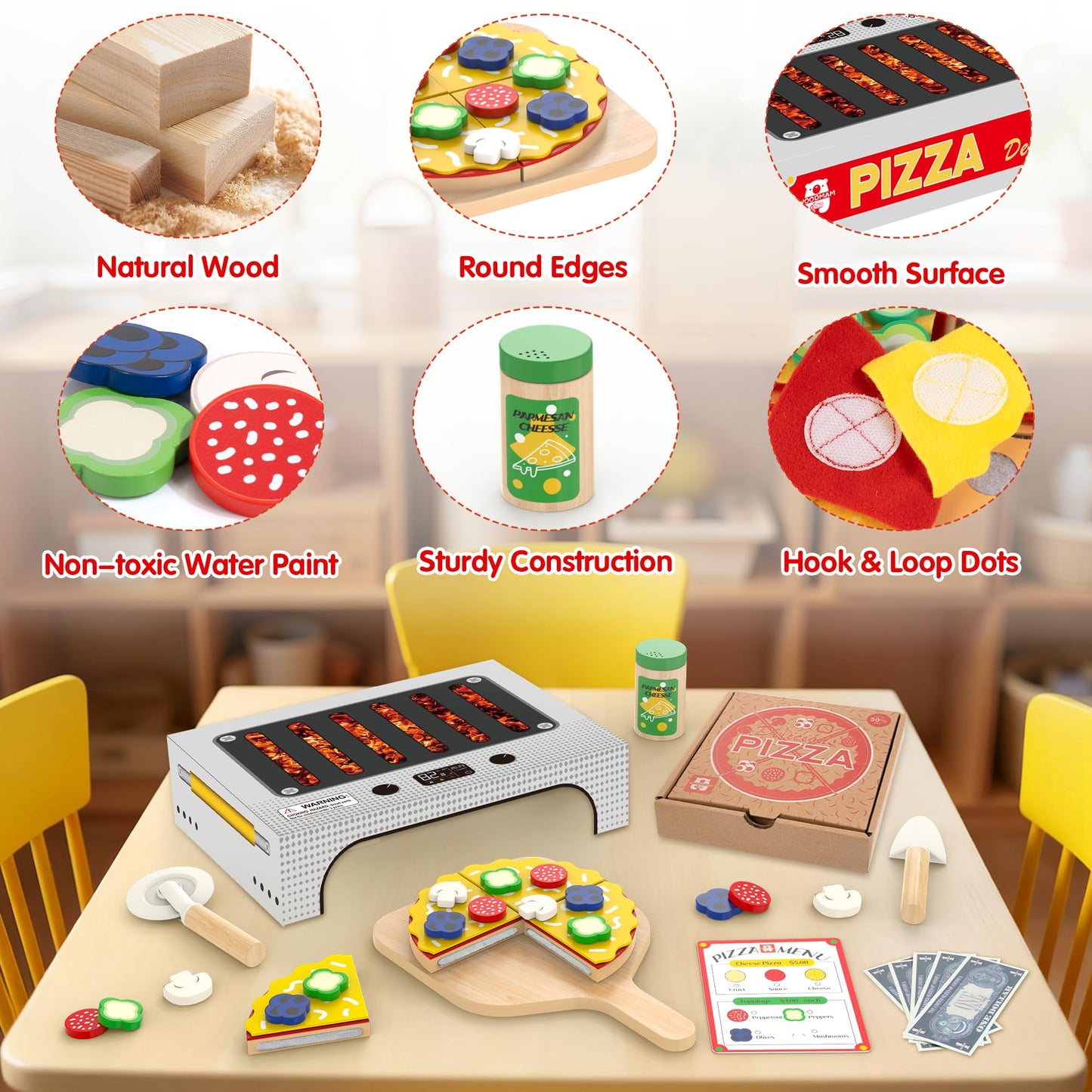 WOODMAM Pizza Toy Set | Montessori Realistic Play Food with Oven Box for Kids Ages 3–6