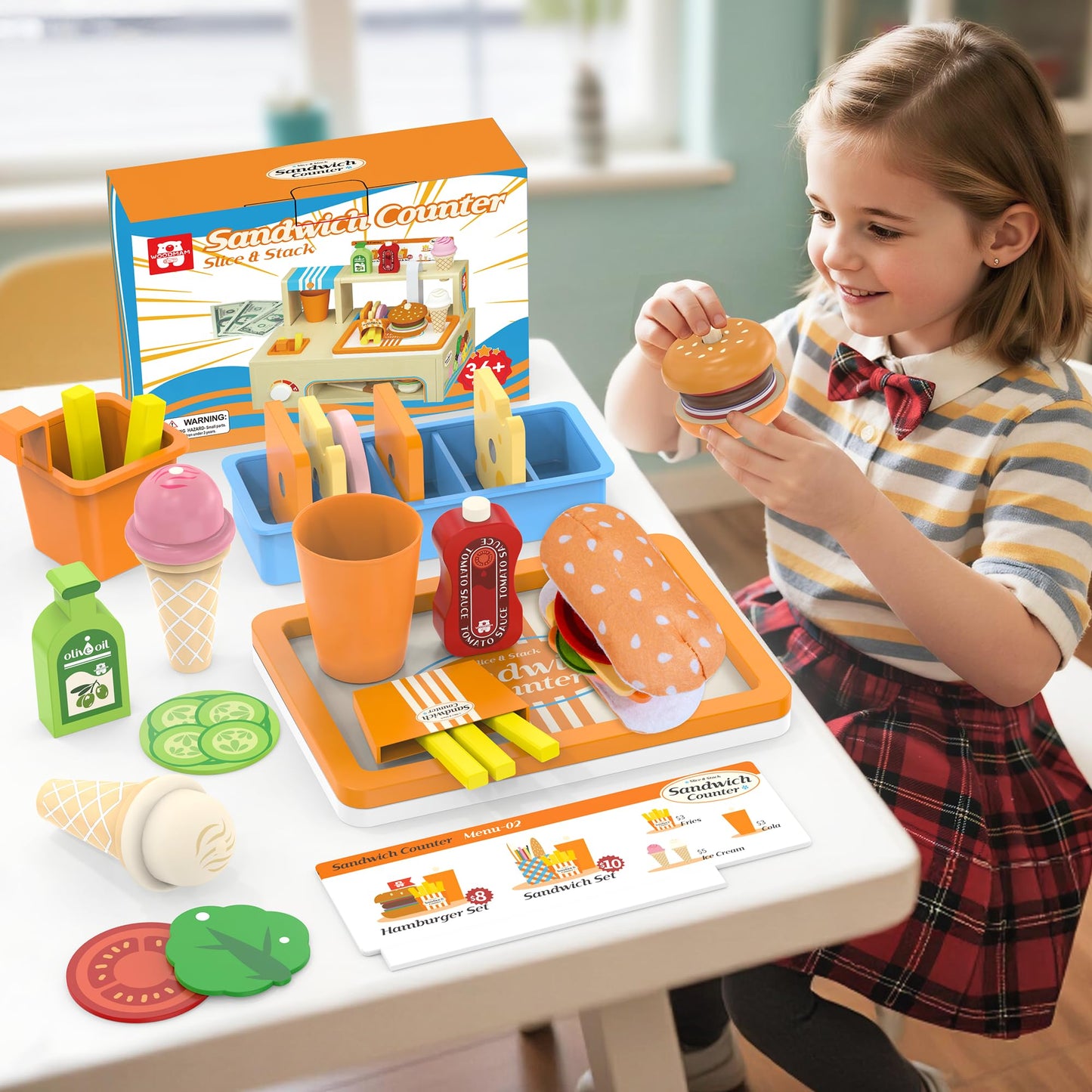 WOODMAM Foldable Wooden Play Food Sandwich Counter – 56-Piece Kitchen Set for Kids