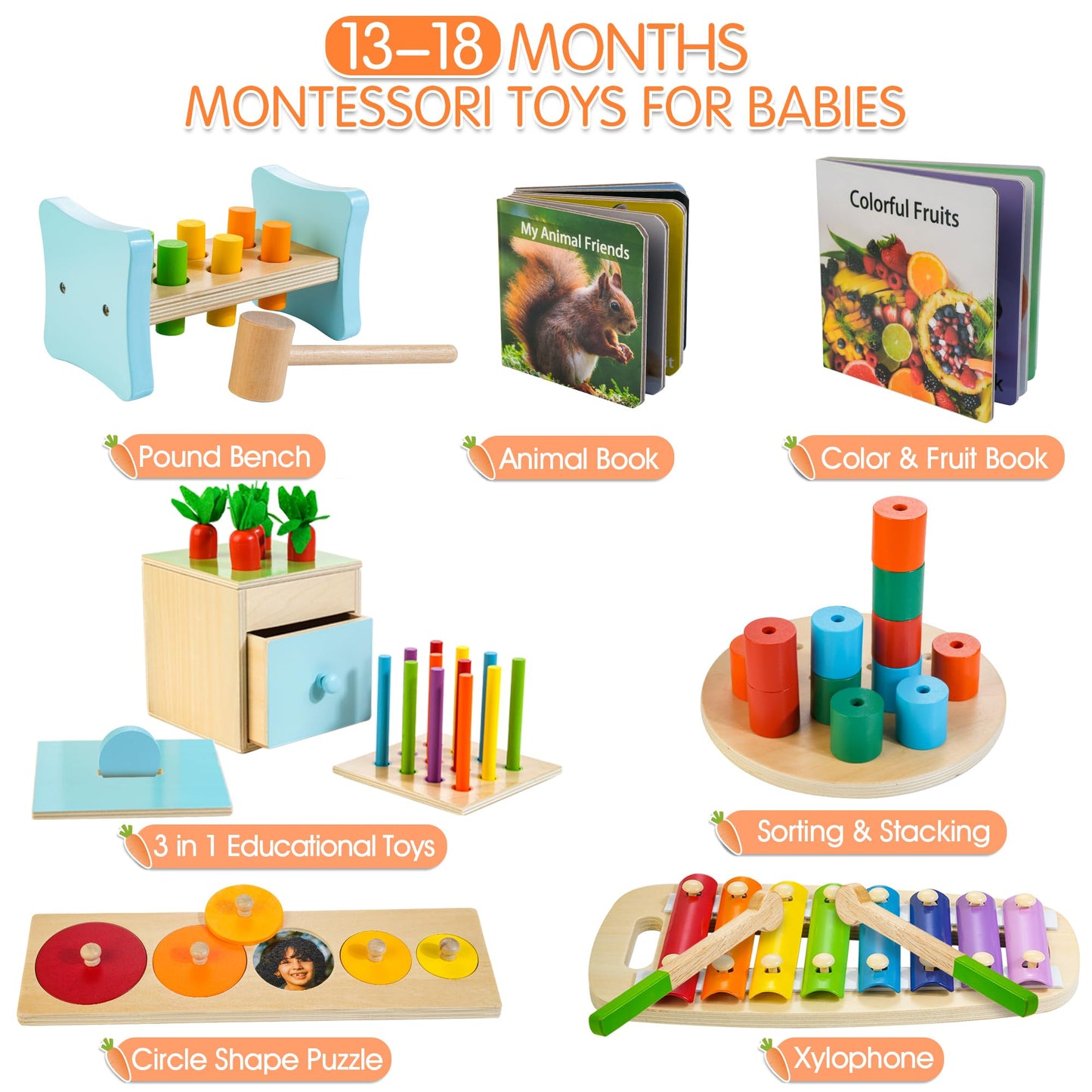 Woodmam 9-in-1 Wooden Montessori Toys for Toddlers 12-18 Months | Educational Box, Xylophone & More