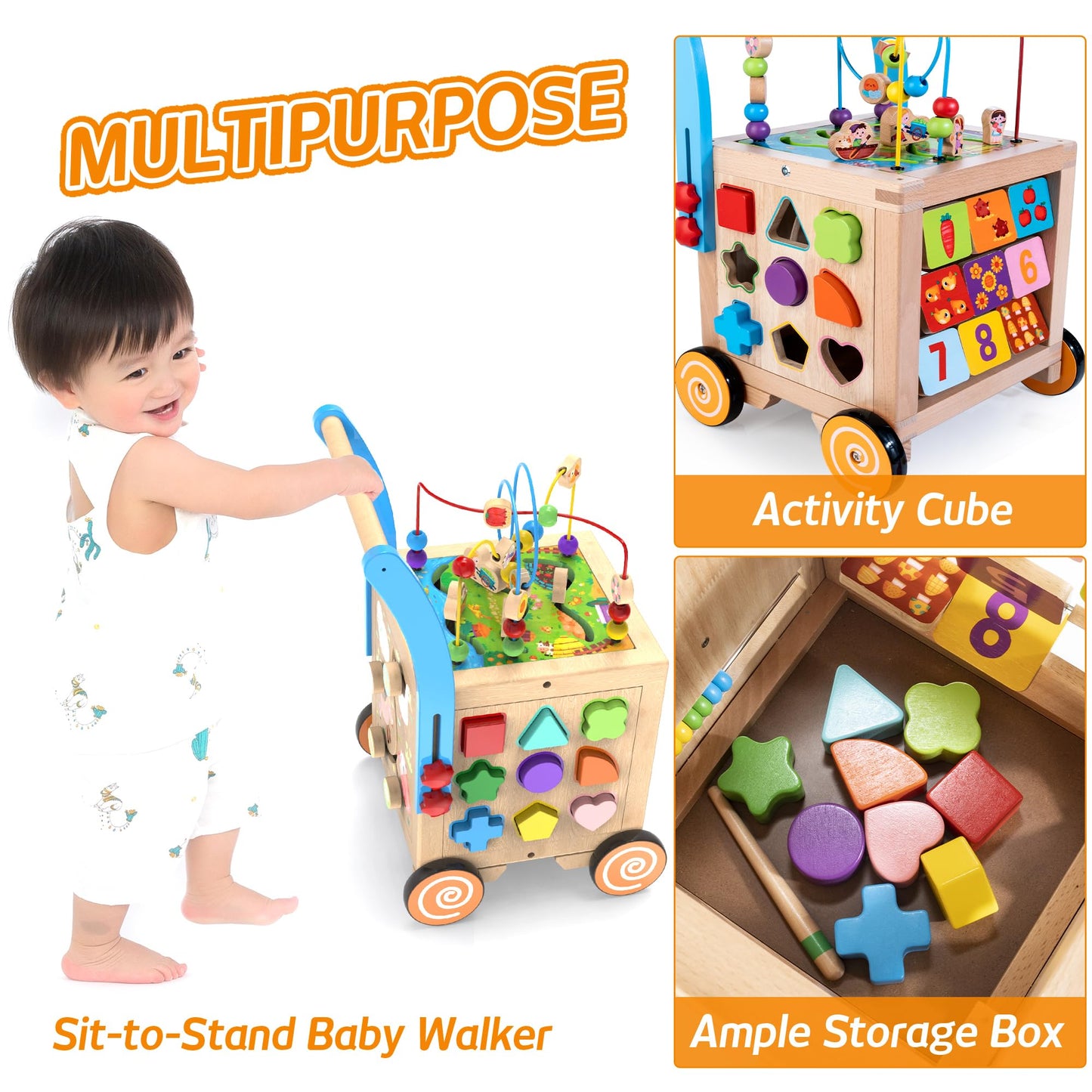 WOODMAM 9-in-1 Wooden Activity Cube & Baby Walker – Height & Brake Adjustable, Montessori-Inspired Learning