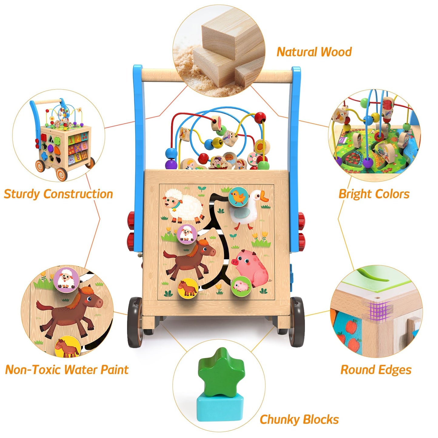 WOODMAM 9-in-1 Wooden Activity Cube & Baby Walker – Height & Brake Adjustable, Montessori-Inspired Learning